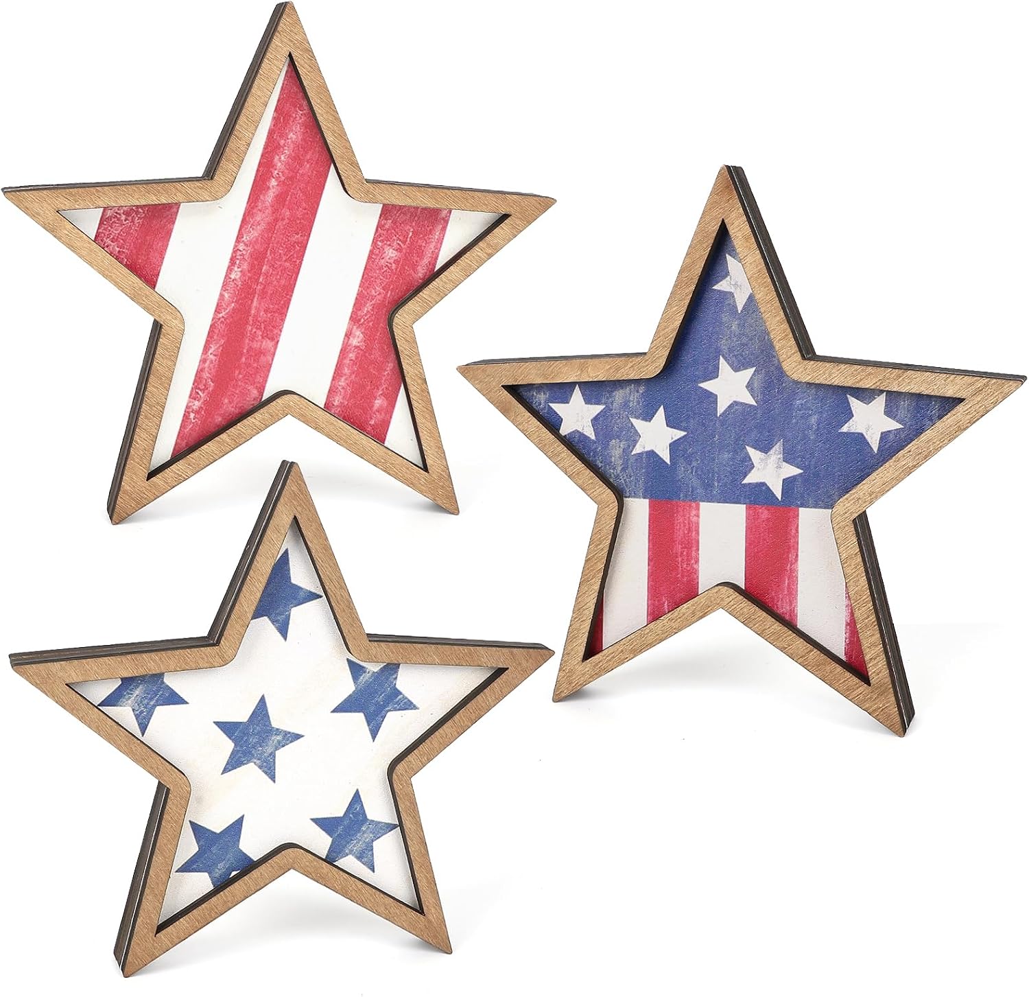 Decoraciones de madera con estrellas para el 4 de julio, set de 3, color patriótico