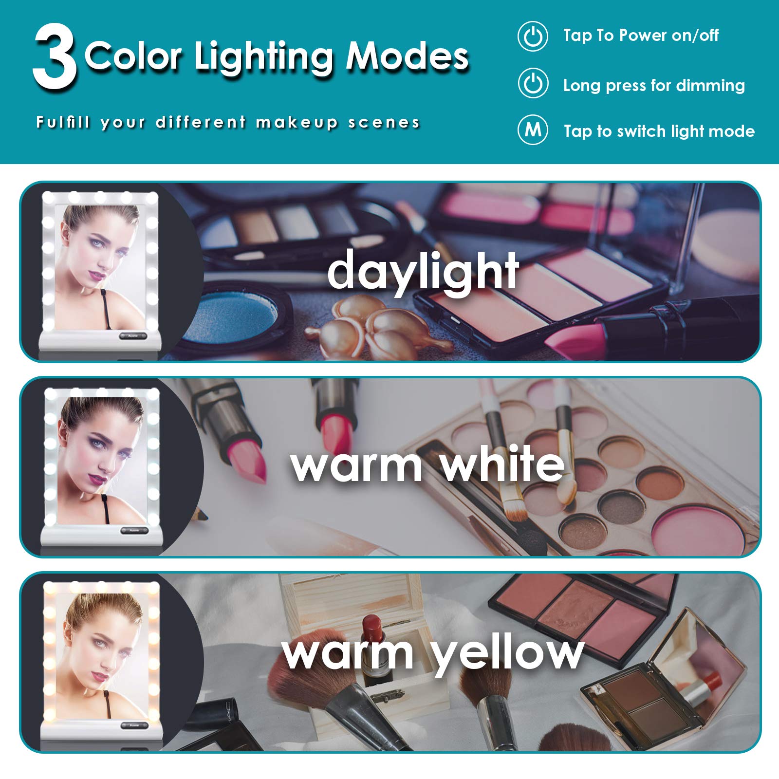 Auxmir Hollywood Schminkspiegel mit Beleuchtung, 15 dimmbare LED, 3 Lichtmodi Touch Control, Tischplatte oder Wandhalterung, Tischspiegel für Schlafzimmer, Schminktisch, Ankleidezimmer & Studio, Weiß