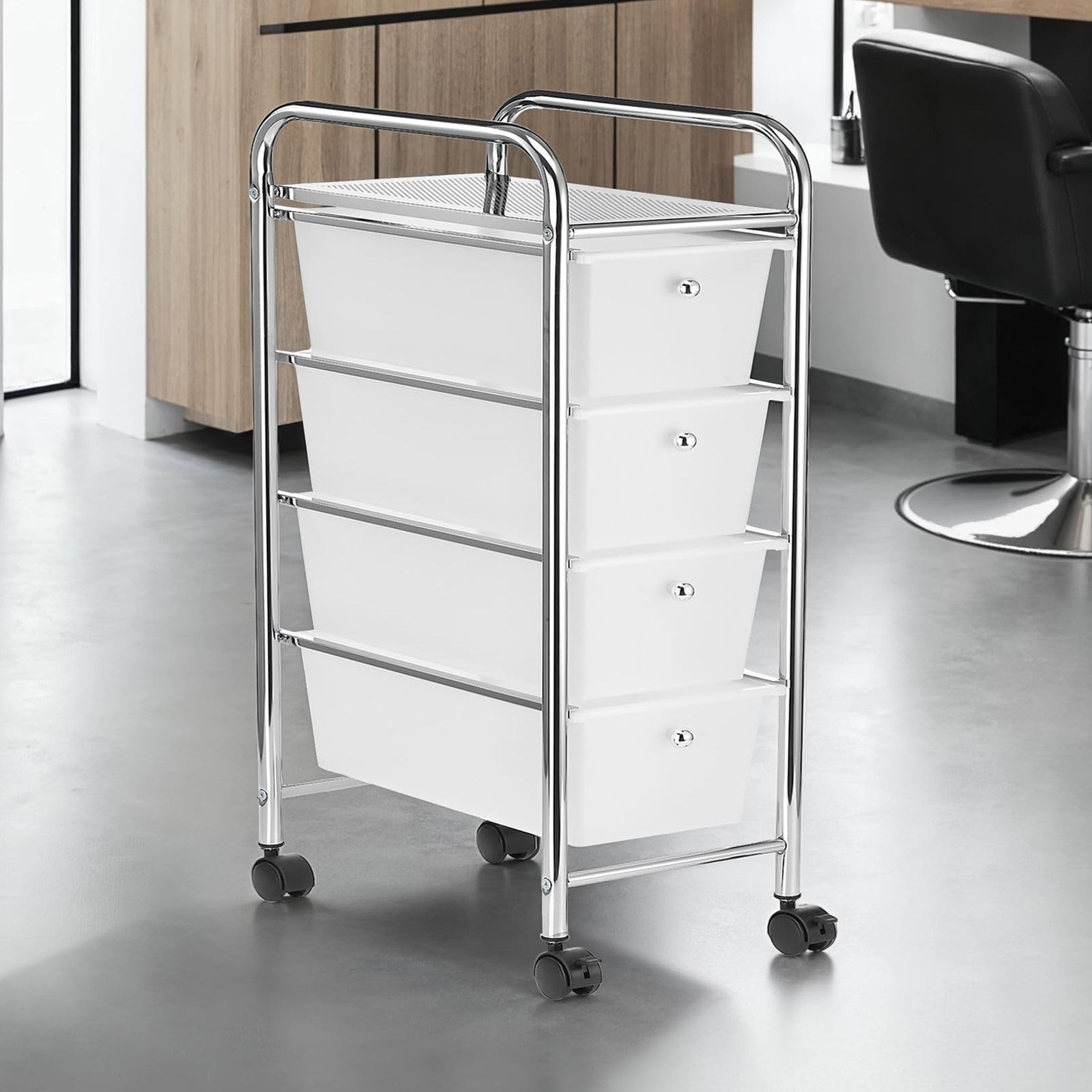 IDIMEX Caisson de Rangement sur roulettes GINA, Colonne 4 tiroirs et 1 étagère pour Salle de Bain ou Bureau, en Plastique et métal