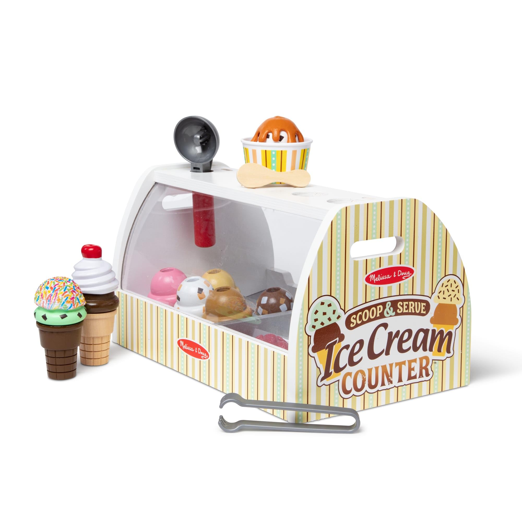Melissa & Doug - Eisdiele aus Holz, 28-teilig, Für das Eisdielen-Rollenspiel mit 8 Sorten Eiscreme, Eistüten und Eisbecher, Spielgeld inklusive, Für Kinder ab 3 Jahren