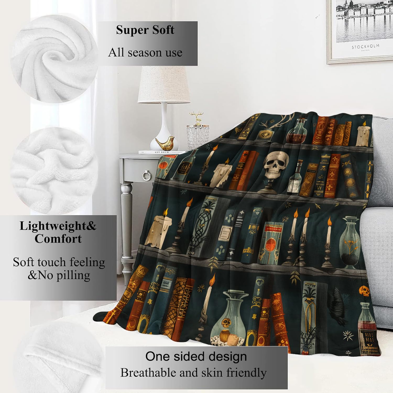 Spooky Goth Blanket Gothic Black Cats, Skulls, and Bats Throw Blankets Gifts for Girls Boys Adults Lightweight Soft Fleece Cozy for Sofa Couch Bed Room Travel Birthday Halloween Decor 50x60in: 50x60in Book