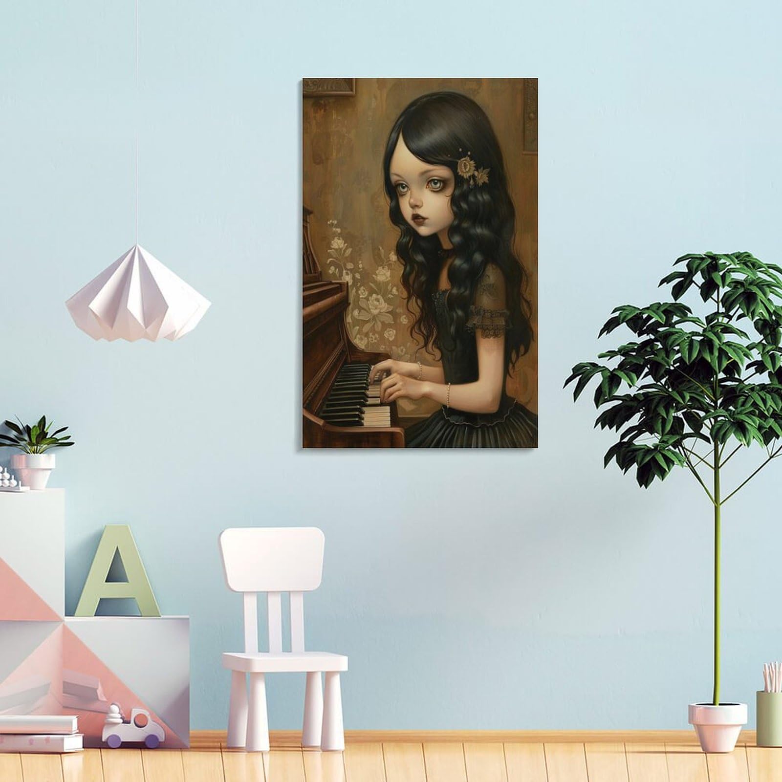 NFFBGFD Mädchen Spielt Klavie - Poster su tela, decorazione per camera da letto, ufficio, stanza, regalo, 60 x 90 cm