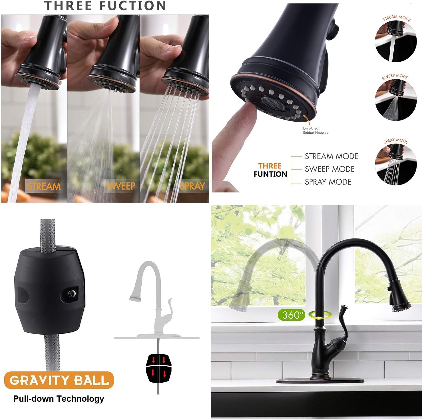 Diagram showing the three spray modes of the APPASO faucet: Stream, Sweep, and Spray
