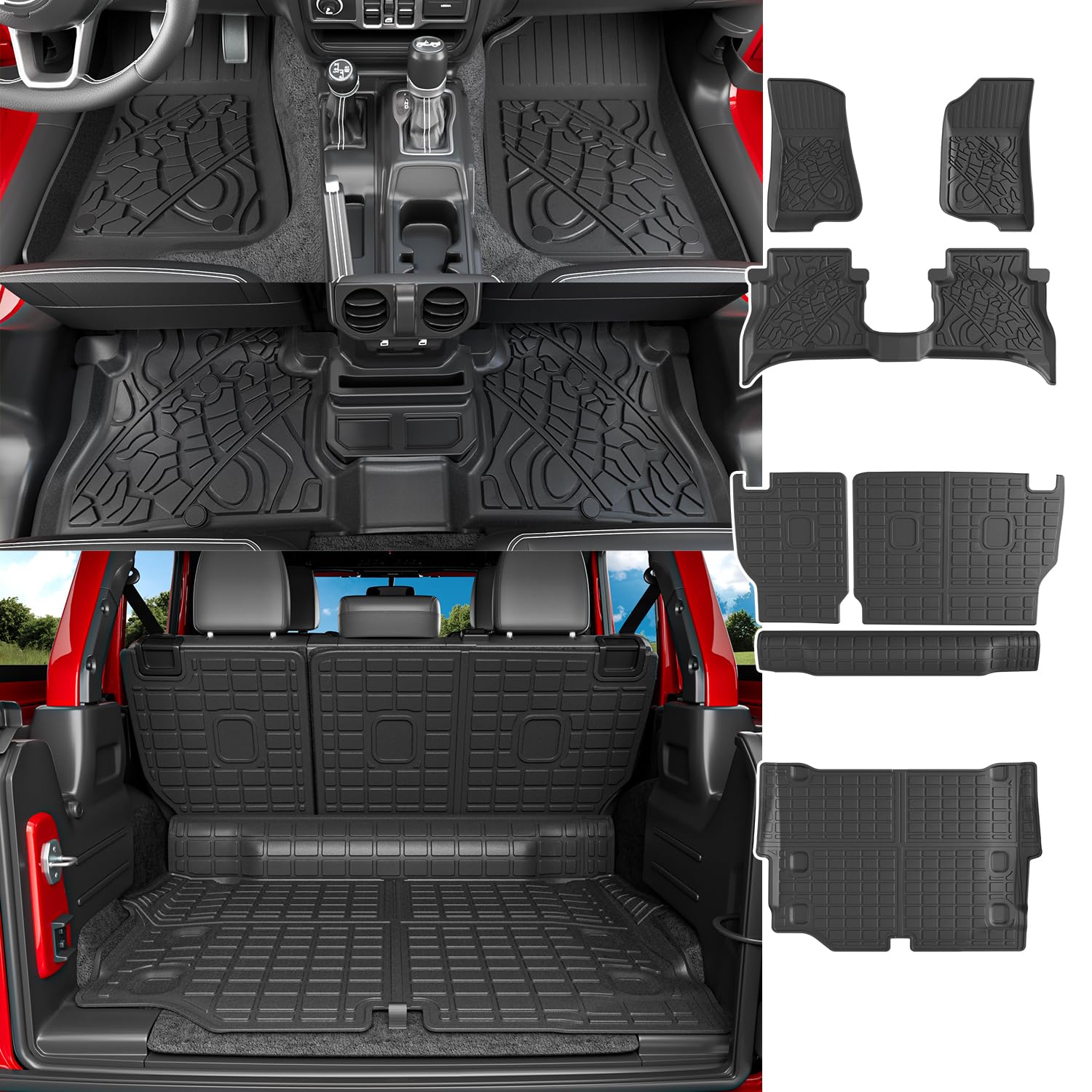 powoq Floor Mat Compatible with 2021-2025 Jeep Wrangler JL 4XE 4 Door Trunk Mat Backrest Mat TPE Replacement for 21-25 Jeep Wrangler JL Accessories (Fit 21-25 JL 4XE, Trunk Mat+Backrest Mat+Floor Mat)