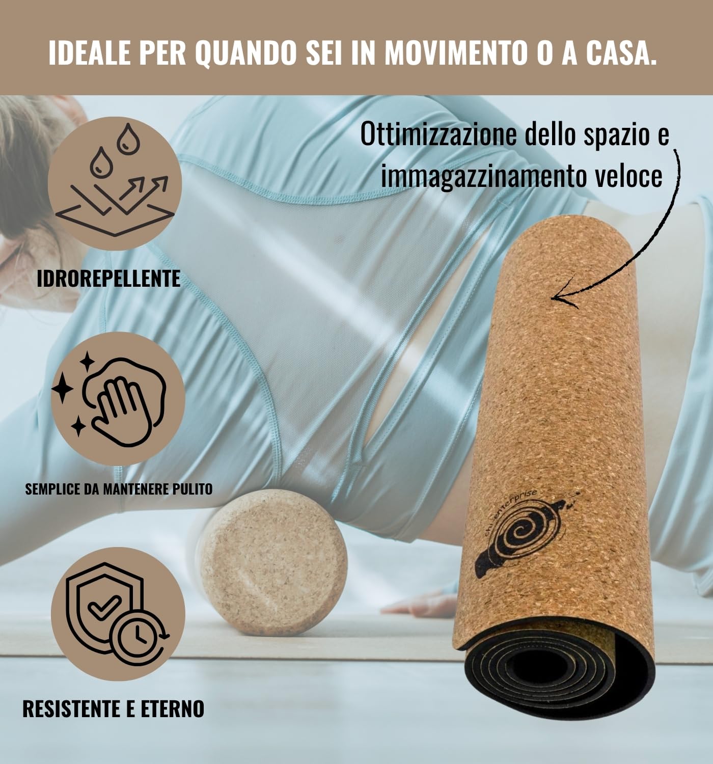Tappetino yoga sughero antiscivolo 6 mm Ecologico TPE per Pilates Fitness 183x60 cm superficie naturale Resistente e Lavabile Ideale per casa palestra mindfulness - chi-enterprise