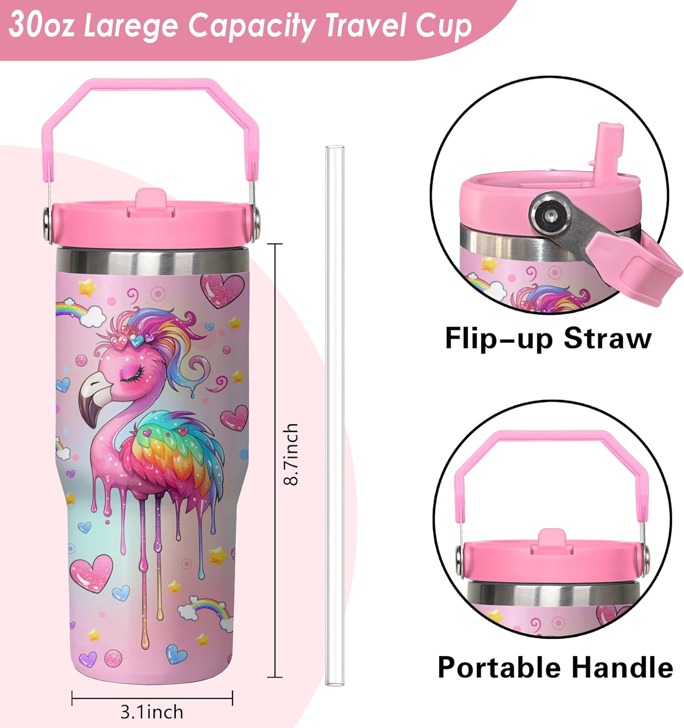 30 oz Flamingo Tumbler with Handle, Large Insulated Tumbler with Flip & Straw Coffee Mug Cup Stainless Steel Gifts for Women Men Youth - Image 2
