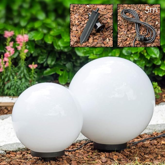 hofstein Bollamp Miau, bollamp set van 2, buitenlampen van wit kunststof Ø 30 en 40 cm, lichtbollen met E27 fitting, bollampen met 5 meter voedingskabel, zonder gloeilampen photo 2