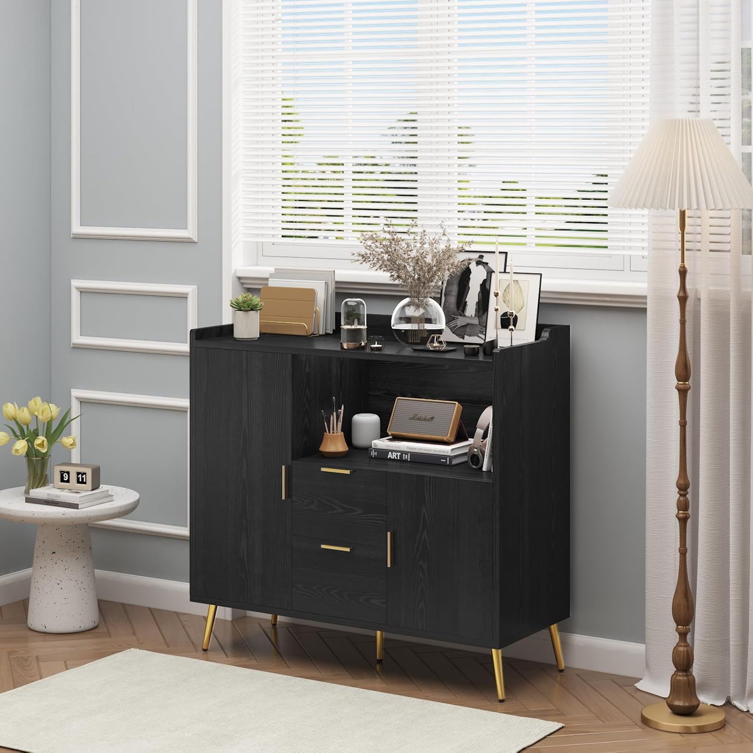 Large Kitchen Storage Cabinet with 2 Drawers and 2 Doors,Wood Farmhouse Buffet Sideboard for Kitchen Living Room,Wood Coffee Bar