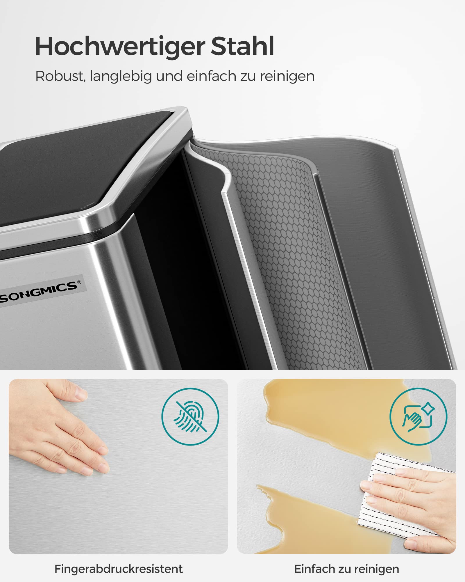 SONGMICS Mülleimer Küche 2 x 15 Liter Mülltrennsystem 2 Fächer Softclose-Deckel metallicsilber-tintenschwarz LTB30H