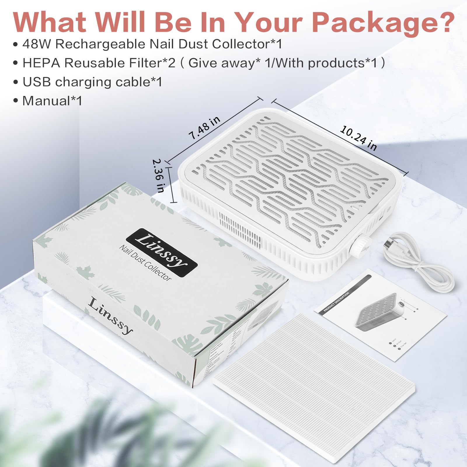 Linssy Nail Dust Collector, Rechargeable & Cordless Dust Collector for Nail Tech with Reusable HEPA Filter, Extractor Dust Suction Machine for Acrylic Nails Polishing at Nail Salon & Home Use - image 7