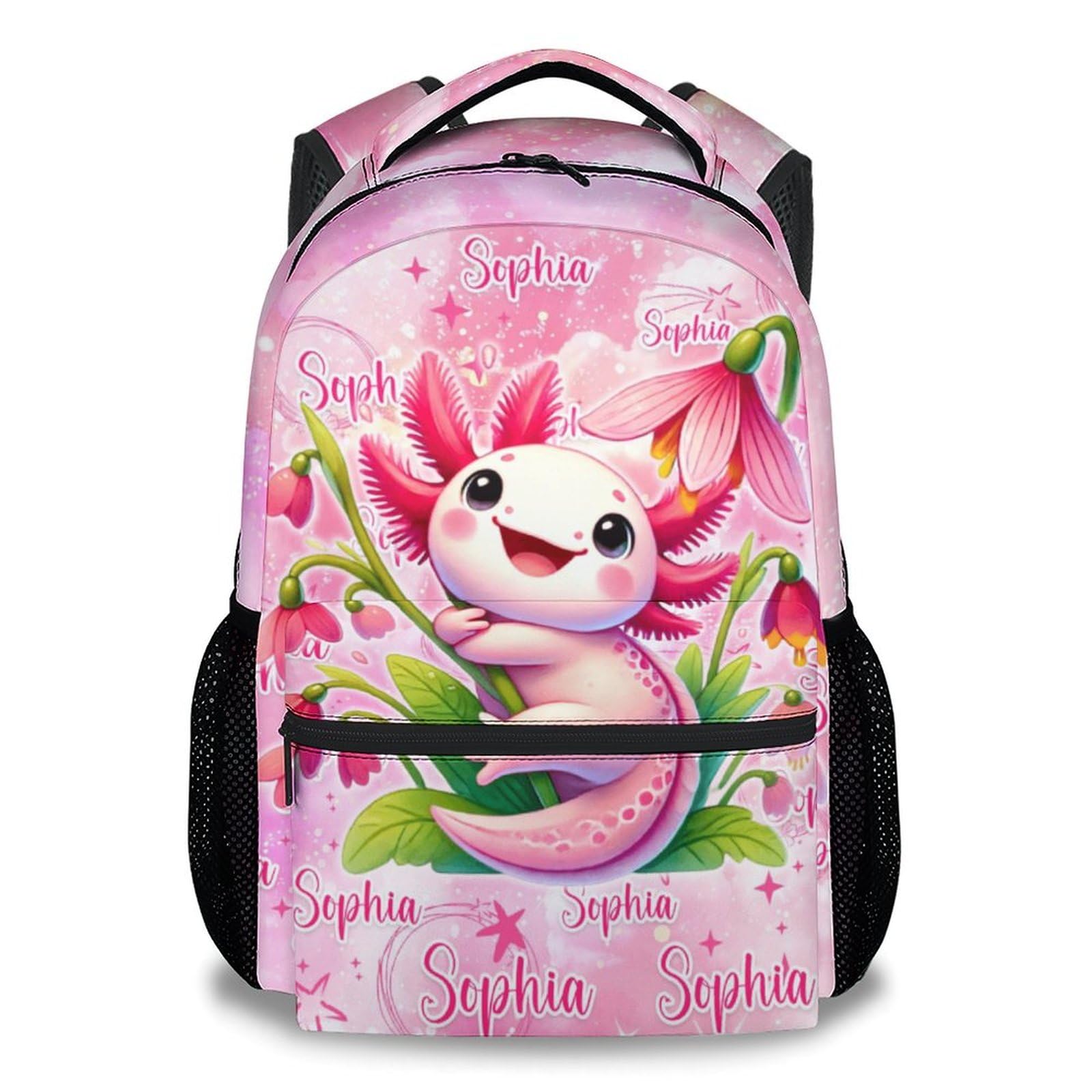 UNIKITTY Personalized Backpack for Kids - Axolotl Backpack for Girls - Custom Toddler Bookbag with Name - 17 Inch Customized Kid's School Bag - Back