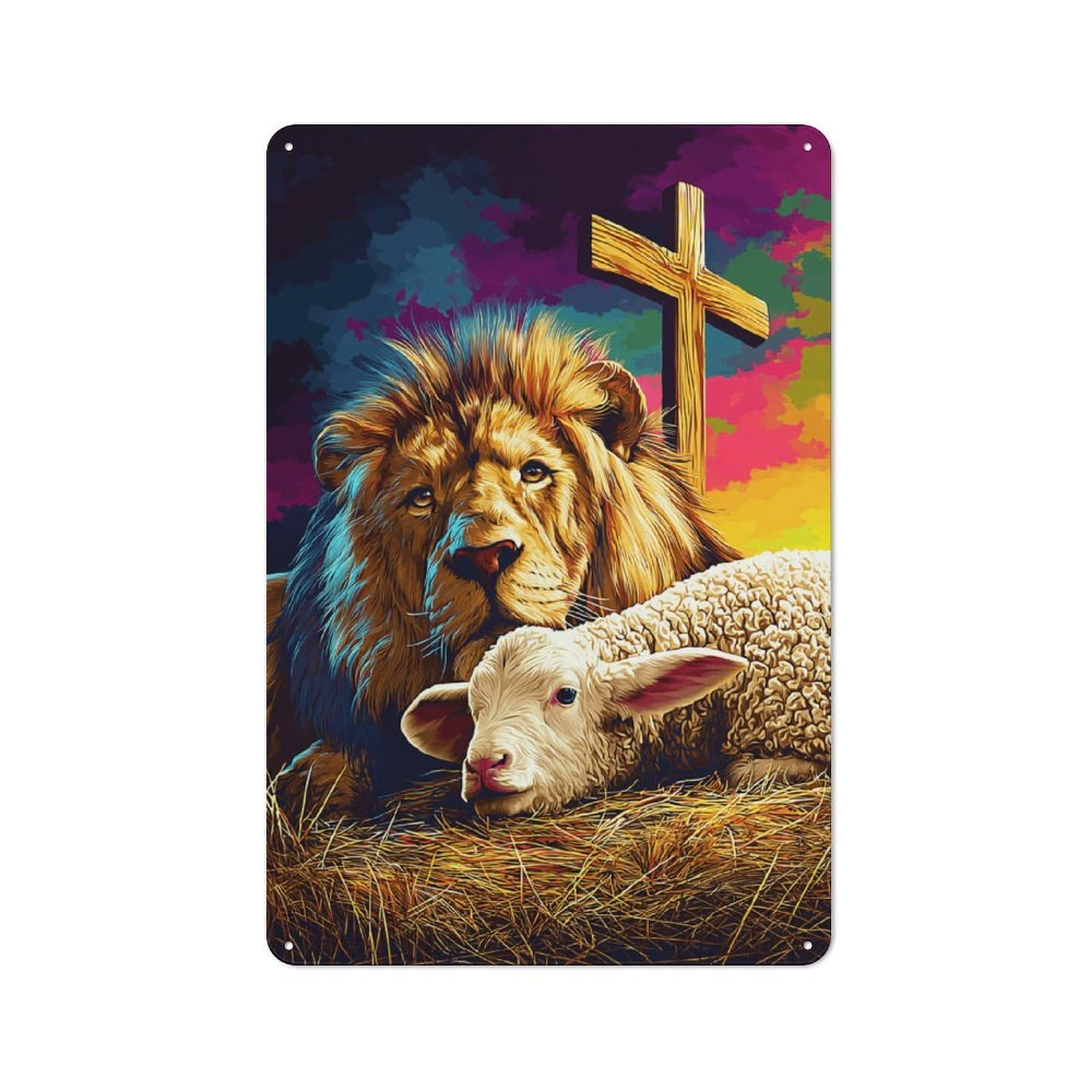 Decorative Tin Sign with Peaceful Coexistence Lion And Lamb -2 Design 30x20cm, Farmhouse Cottage Wall Art for Farmhouse Kitchen, Pantry Or Dining Area