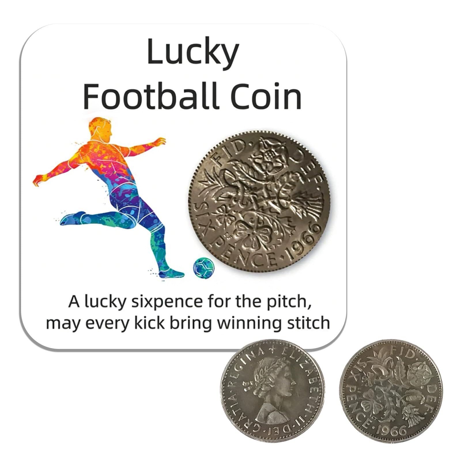 Plorede Lucky Football Coin with Card Charm, Lucky 1966 Silver Sixpence – Inspirational Football Gifts for Men, Boys, Teenagers – Birthday Gift for Him, Dad, Brother, Son