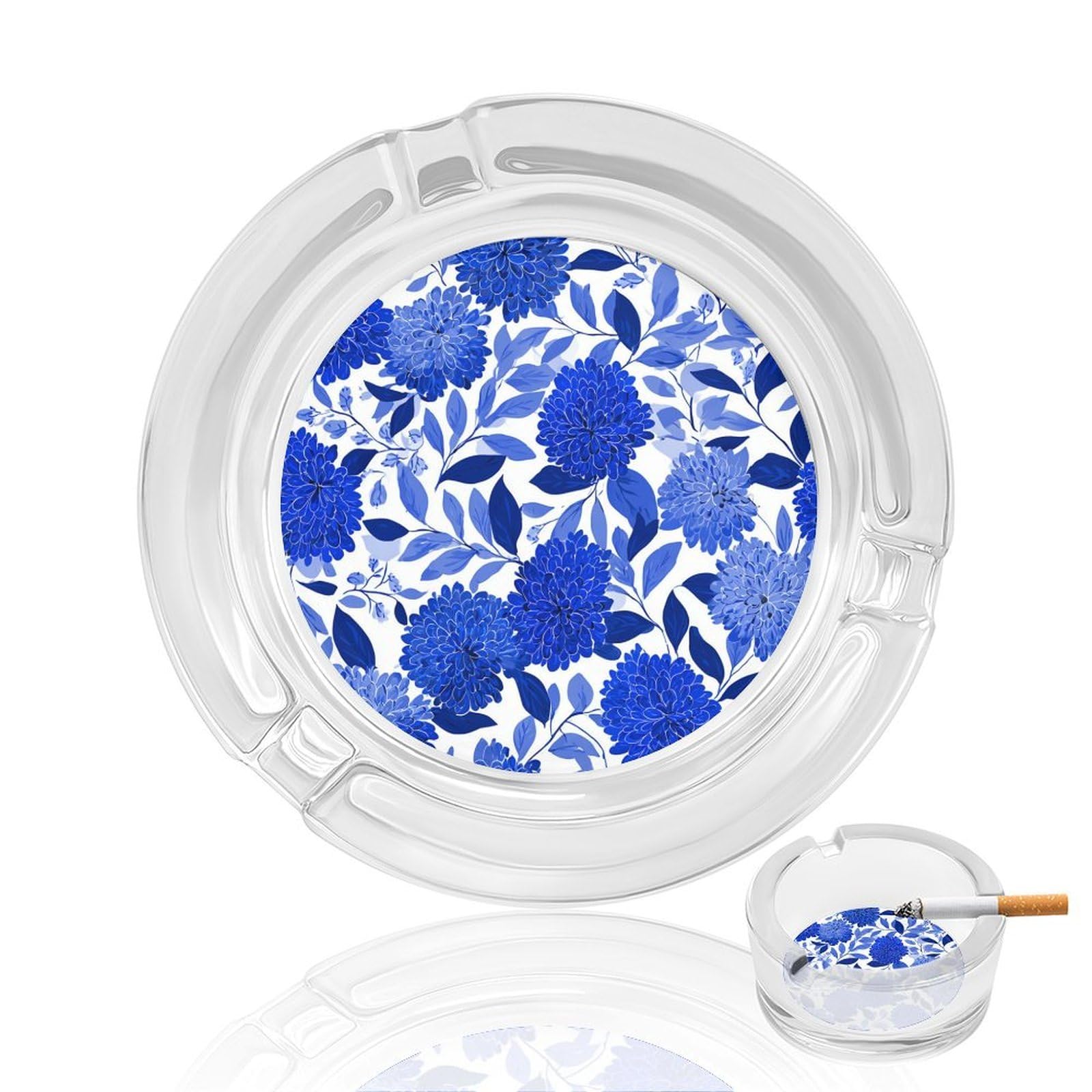 Dense Stylized Blue Floral Clusters And Scattered Sprigs Glass Ashtray for Cigarettes Portable Decorative Ash Trays for Home Office Decor