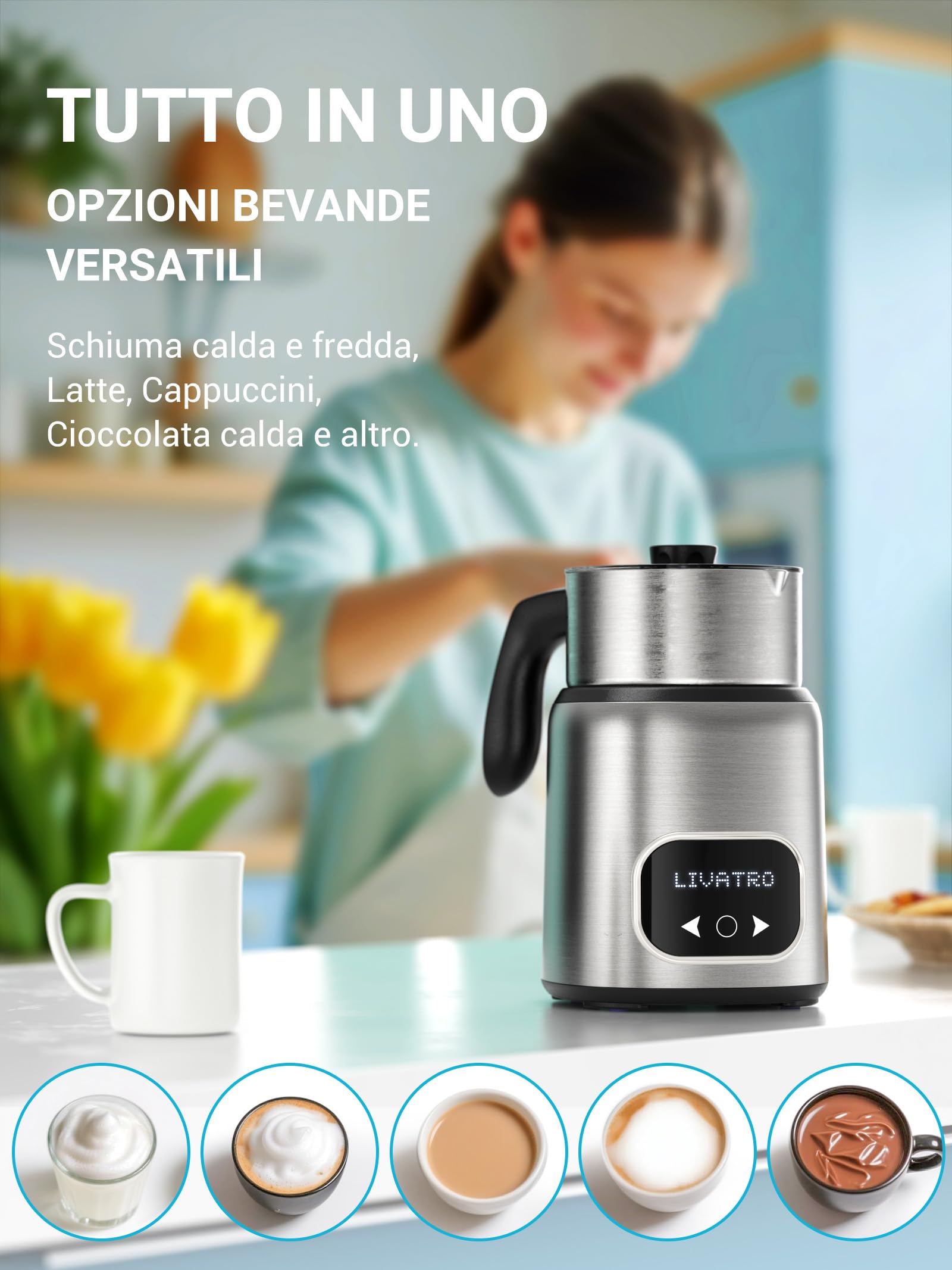 Livatro Montalatte Elettrico Con Doppia Tazza 600ml & 400ml, Cappuccinatore Elettrico In Bicchiere Inox, Montalatte A Induzione Per Schiuma Di Latte Calda E Fredda, Latte Caldo, Cioccolata Calda