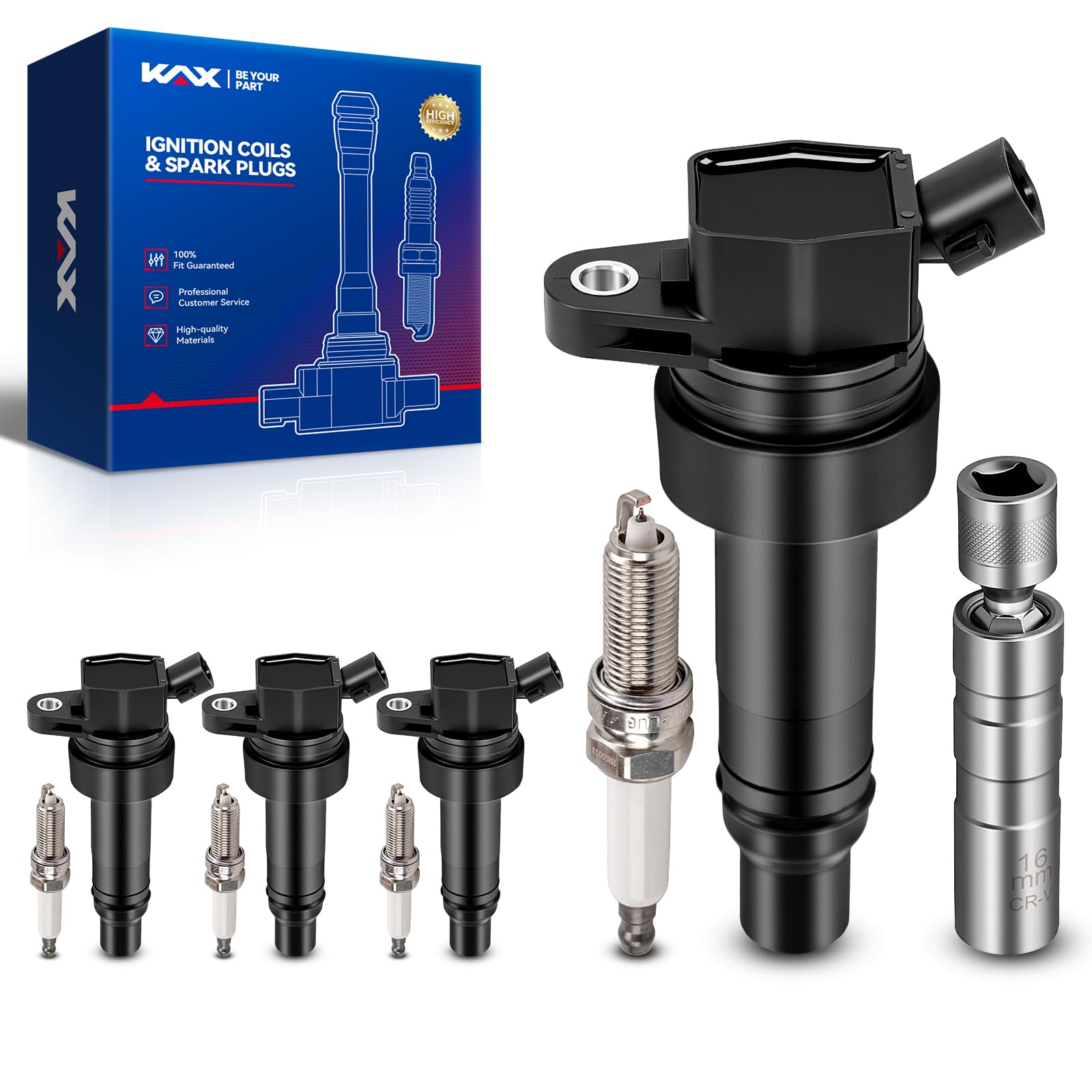 KAX 4 Ignition Coils &amp; 4 Spark Plugs Set Fit for Veloster Forte Koup Forte5
