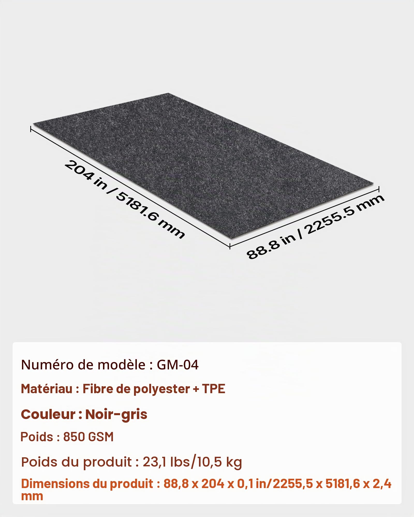 VEVOR Tapis de Sol de Garage 2235,2x5181,6x2,4 mm Tapis Protection Antidérapant Imperméable Eau Neige Pluie Boue Huile de Voitures avec Support TPE Anti-fuite Facile à Nettoyer Découper, Divers Usages