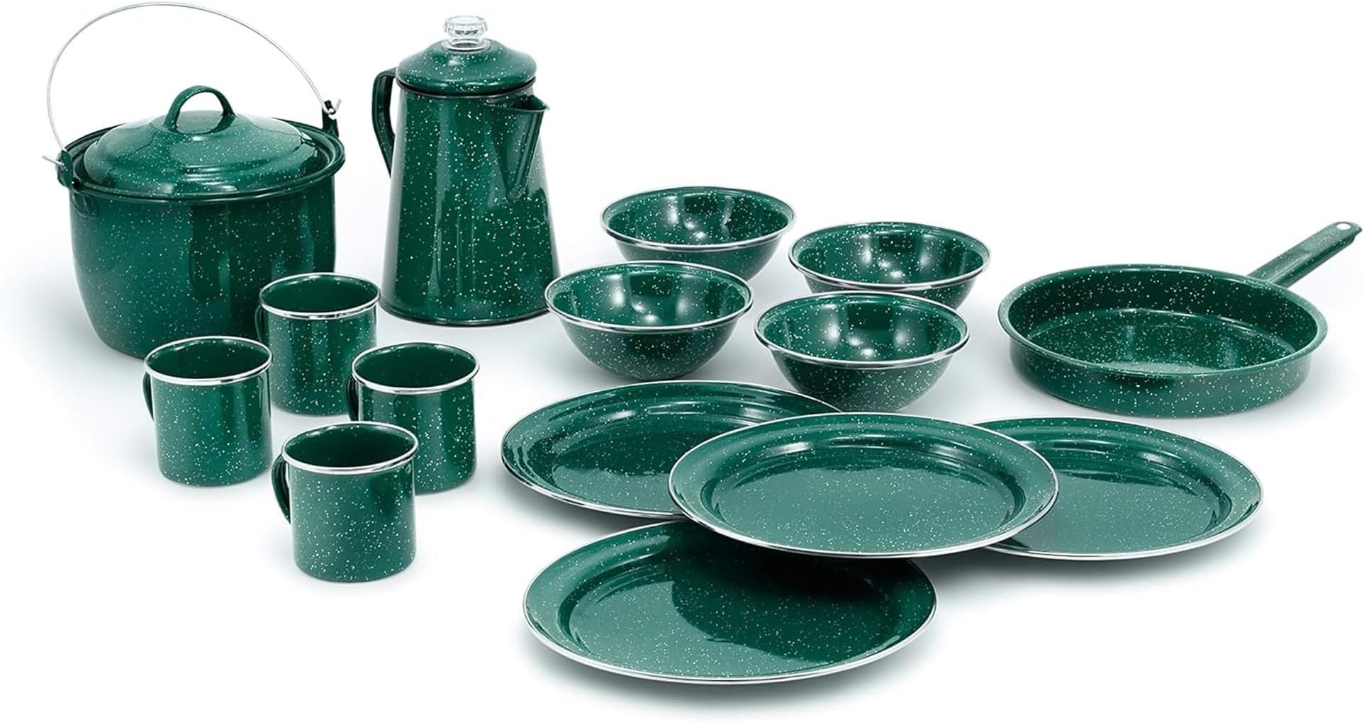 Camp Dinnerware Set I 4-Person Set Includes Pioneer Enamel Percolator, Frypan, Kettle, Bowls, Plates & Coffee Mugs
