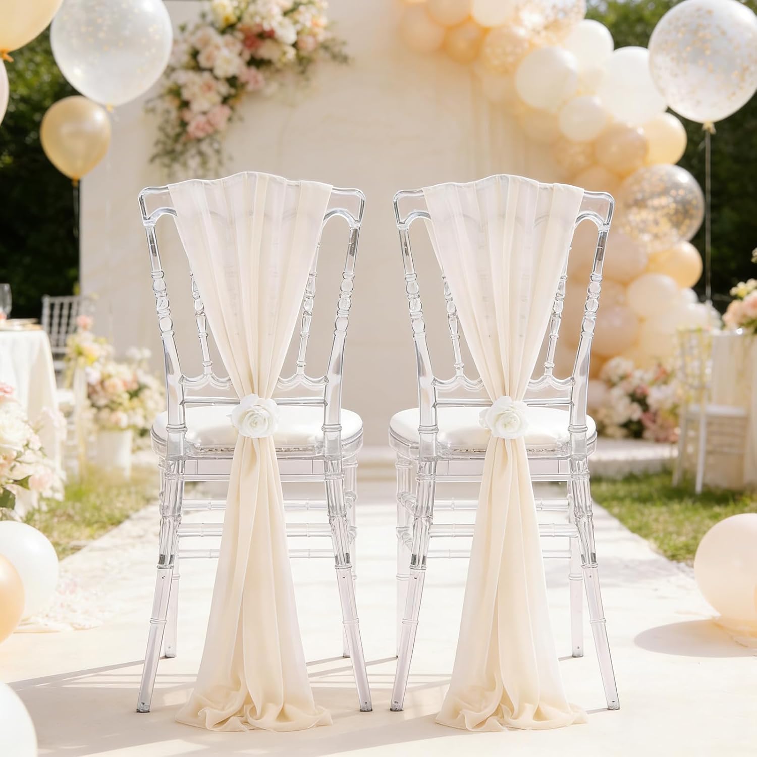 Champagne Chair Sashes Bows 16 Packs 8ft Long Chair Ribbons for Hotel Event Restaurant Banquet Party Chairs Decoration