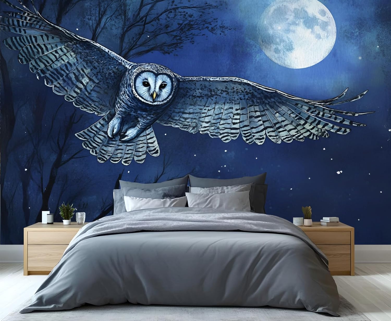 Owl Wallpaper, Forest Scene Wall Mural Wallpaper, Night Moon Large Wall Murals for Bedroom Renter Living Room（Not Peel and Stick）