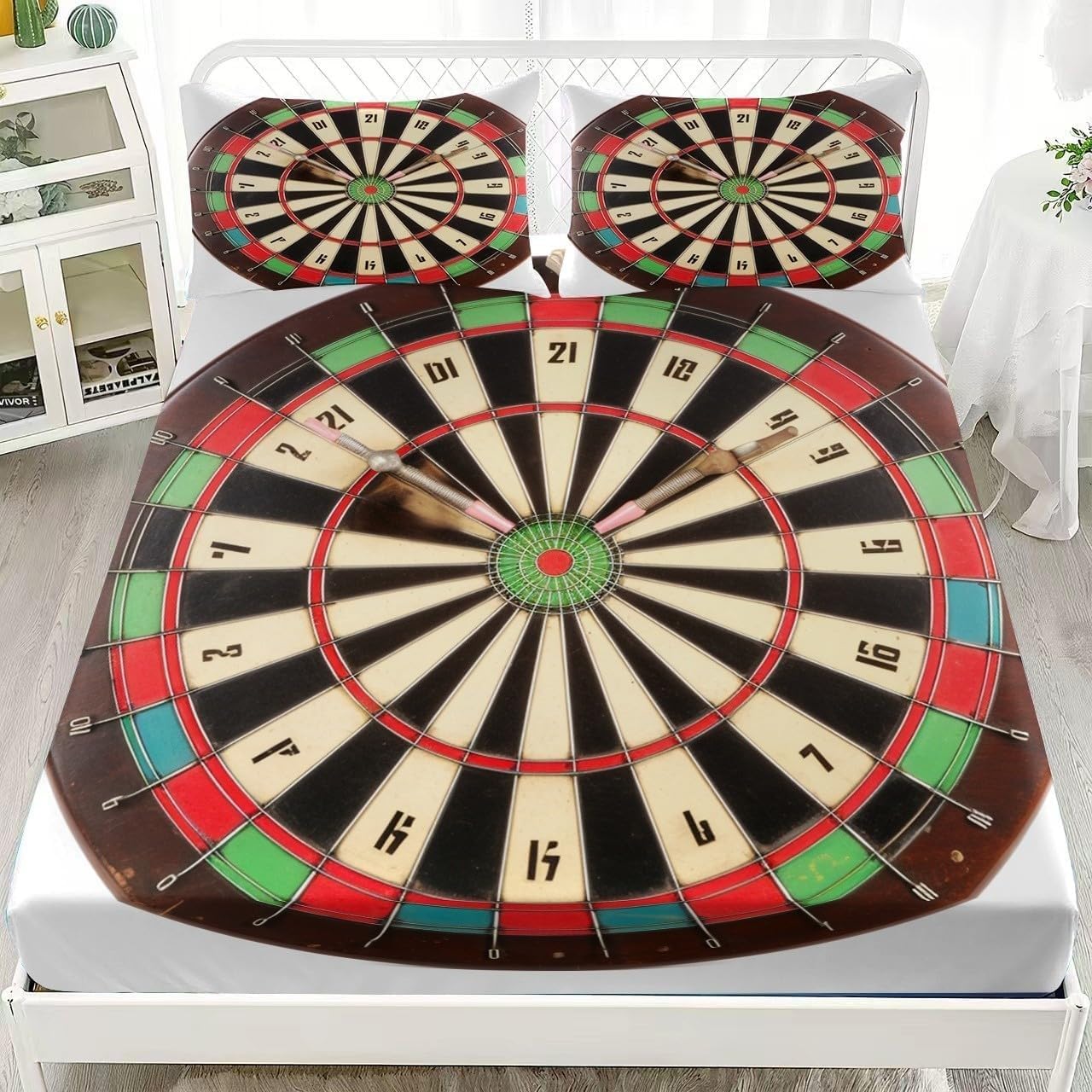 Bsyyzqc Boys Dartboard Single Fitted Sheet Games Bed Sheets Deep Pocket 12 Inch (30 Cm) Soft Cozy 3 Piece Microfibre Bed Sheet 90X190 Cm With 2 Pillowcases 50X75 Cm