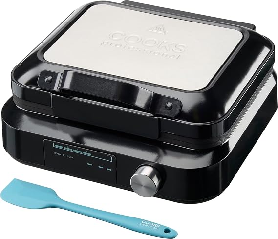 Cooks Professional Digital Double Waffle Maker | Luxury Deep Fill Dual Belgian Waffle Iron Machine with Non-Stick Plates, Adjustable Temperature & Silicone Spatula | 1500W | Black & Silver