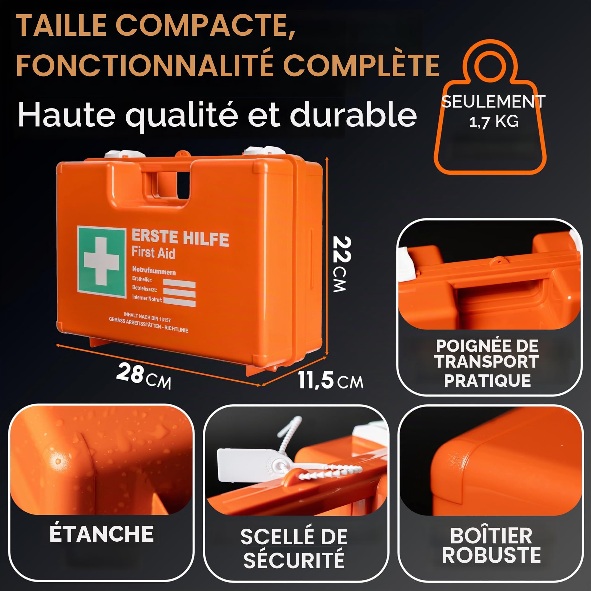 Mallette de premiers secours selon la norme de sécurité actuelle 2026 [DIN 13157:2021] | Avec support mural, 5 autocollants et plombs – Boîte de premiers secours pour la gatronomie, le bureau, la