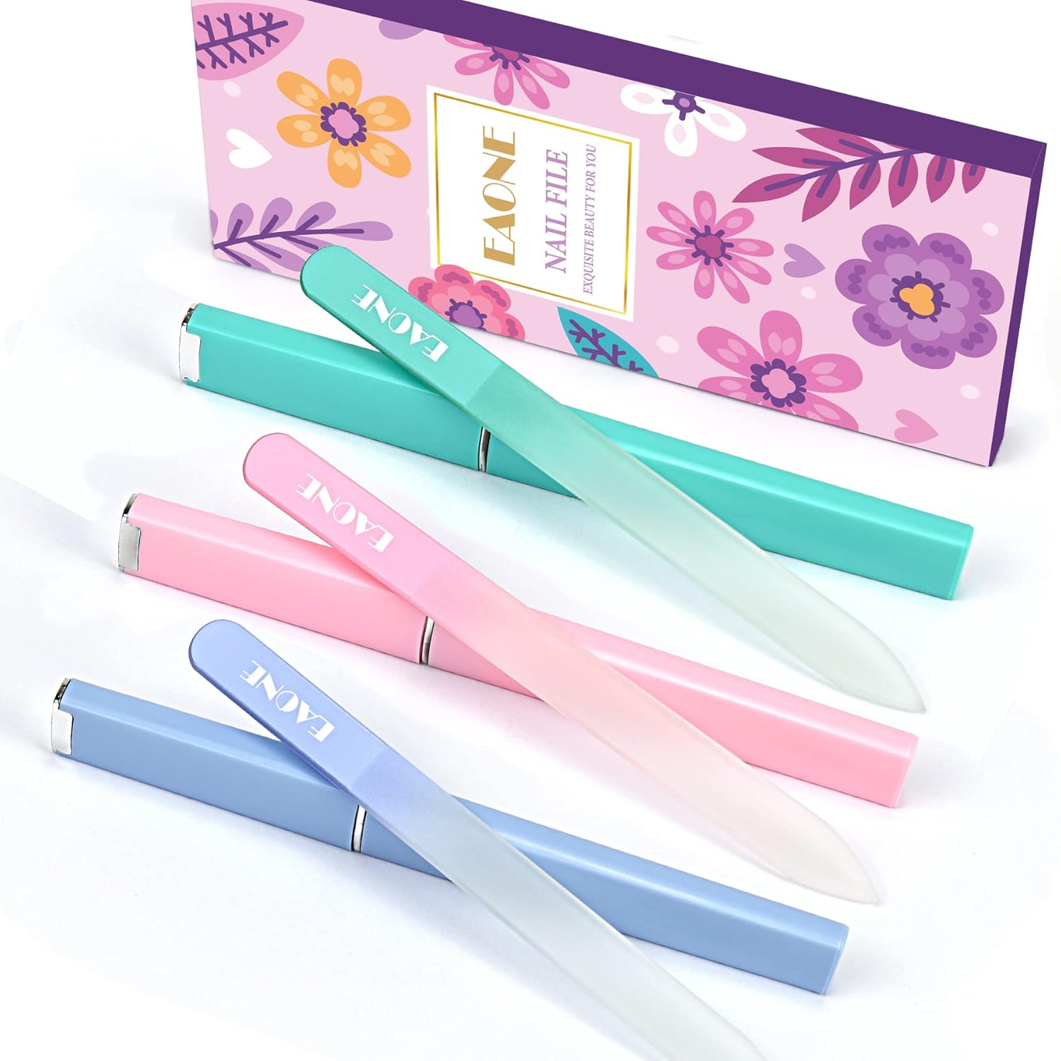 EAONE Crystal Glass Nail File with Case 3 Pack, Double-Sided Etched Fingernail Files for Natural Nails Professional Footnail Care Tool, Stocking Stuffers for Women Girls Gifts