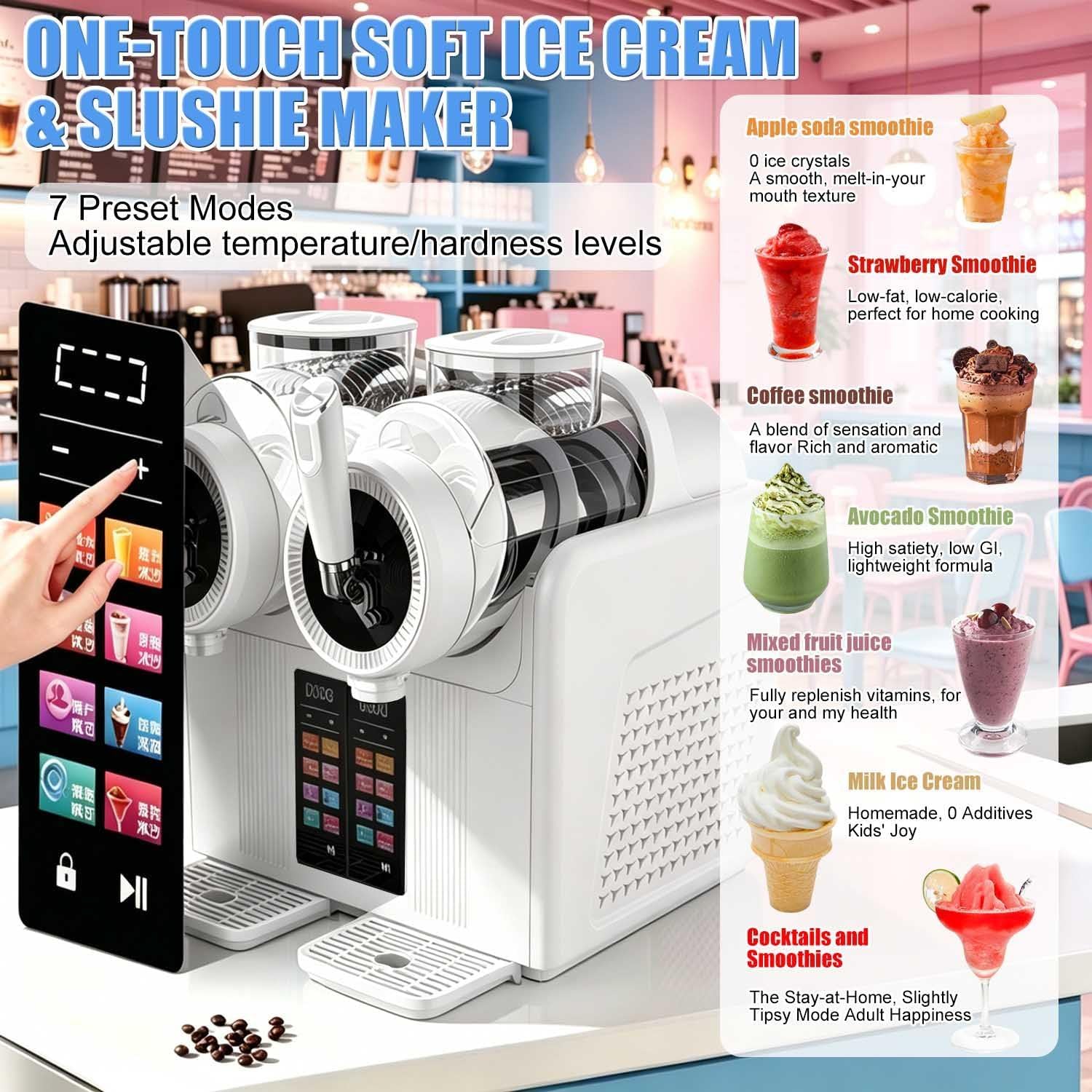 7-In-1 Soft Serve Ice Cream & Smoothie Maker–Slushie Machine,Rich Milkshakes,Coffee Smoothies & Soft Ice Cream,Smart Touch Panel With Adjustable Firmness & Temperature,For Home & Small Cafes white