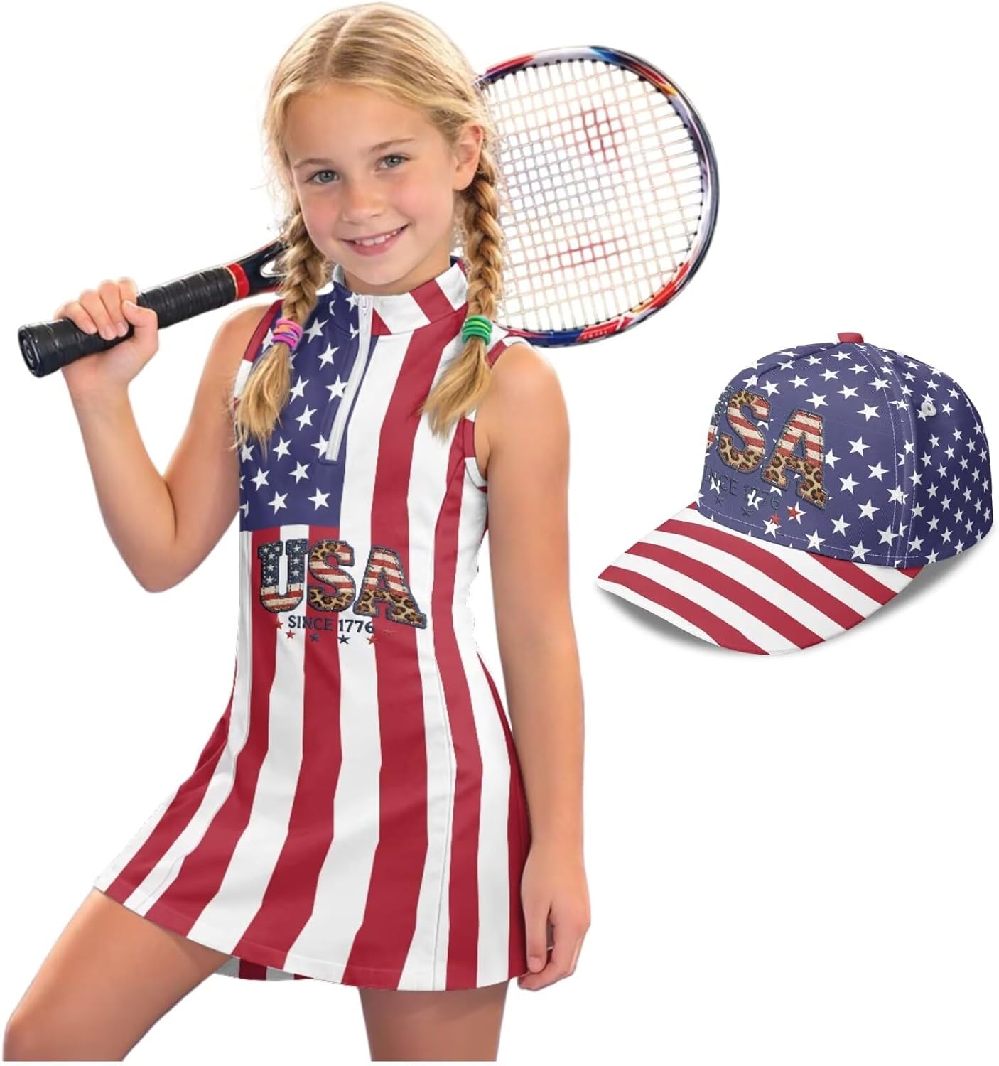 Yzaoxia Girls Athletic Dress with Baseball Cap, UPF 50+ Coverage, Sleeveless, No Built-in Shorts for Pickleball Golf and PE