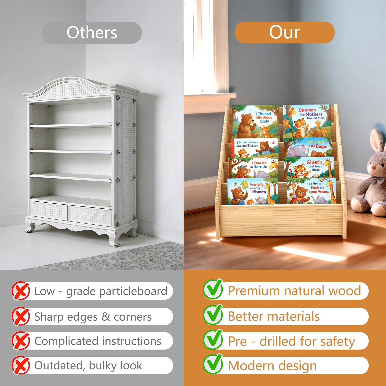 Scaffale Montessori per Bambini, Libreria a 4 Ripiani Orientata Verso l’Anteriore, Scaffale Retro Pratico Contenitore, in Legno di Pino Stabile, per Soggiorno, Bambini 41,9x30,4x41,9cm