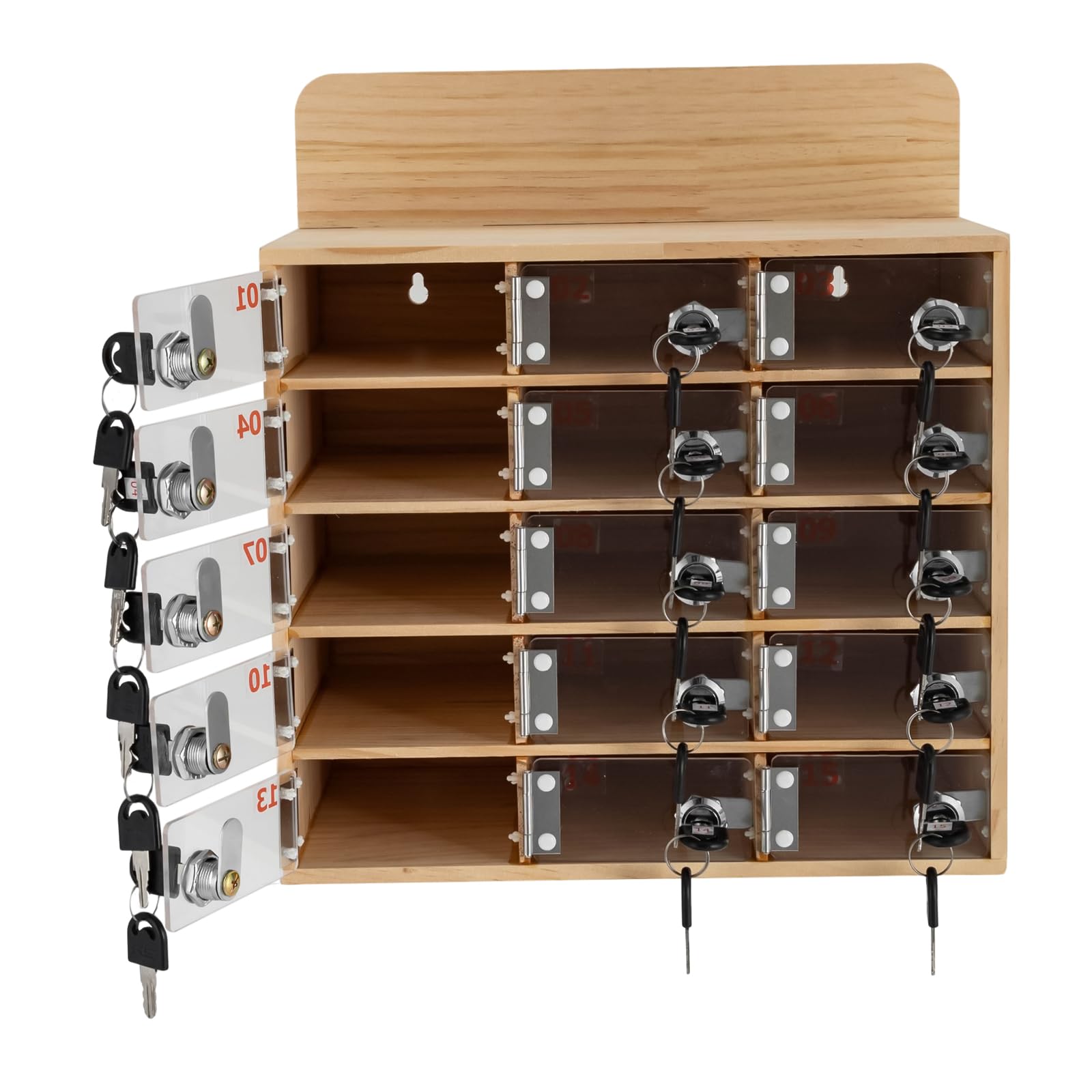 Blisiour 15 Slots Cell Phone Locker Box, Wood & Acrylic Cell Phone Storage Locker with Door Locks and Keys Wall-Mounted Locking Cell Phone Storage