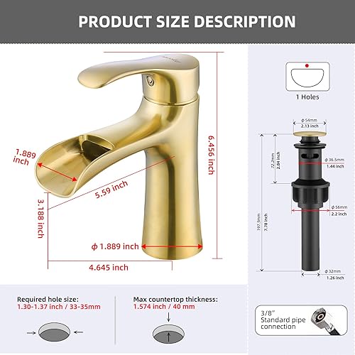 Miniatura 2 de NEWATER Grifo de baño de latón cascada de una sola manija, color dorado cepillado, grifo dorado de un solo orificio para lavabo de baño, grifo de