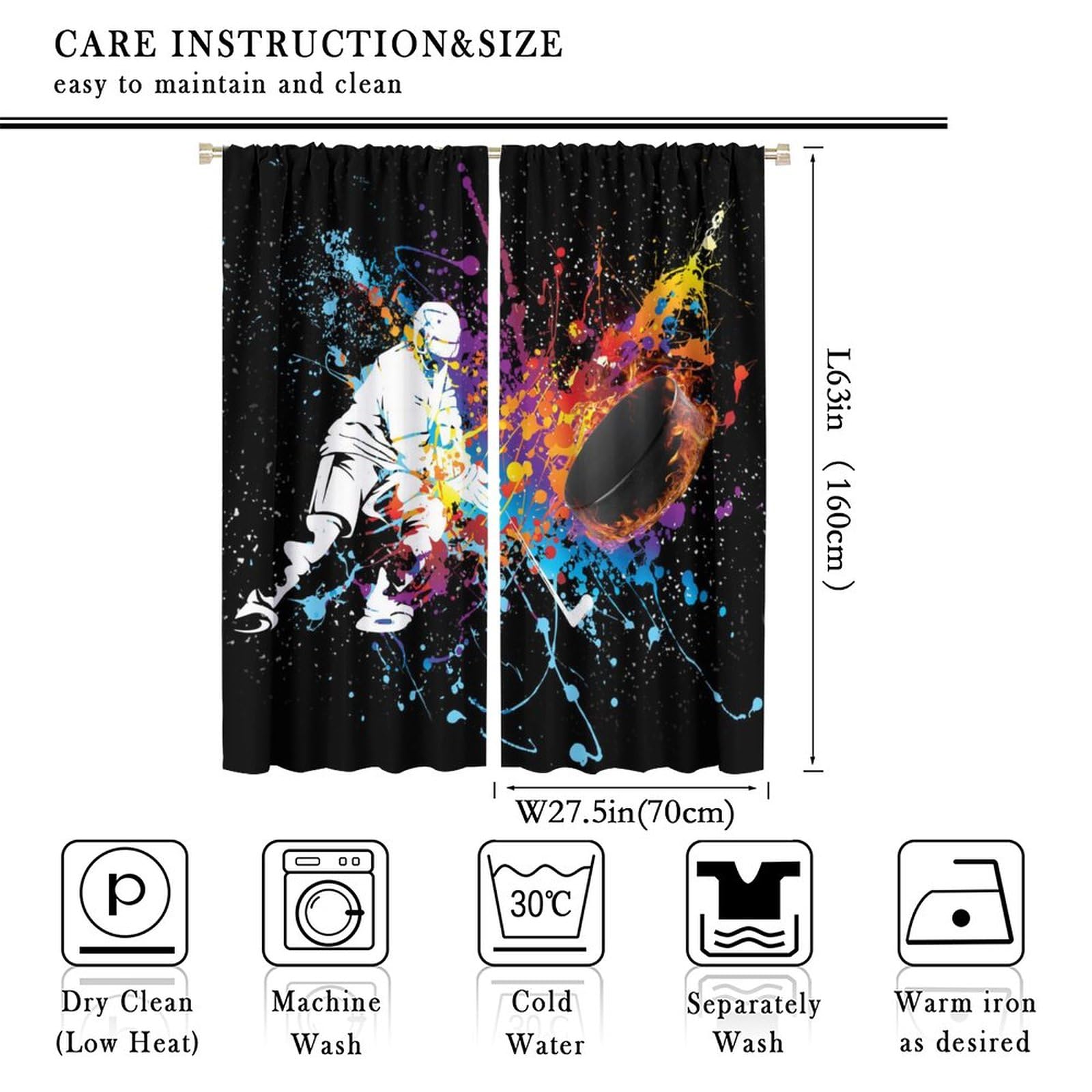 Modern Ice Hockey Sports Curtains - Cool Rainbow Colorful Graffiti Paint Style Hockey Player Balls Window Drapes Room Darkening Blackout Thermal Insulated Rod Pocket Curtains 2 Panels 63