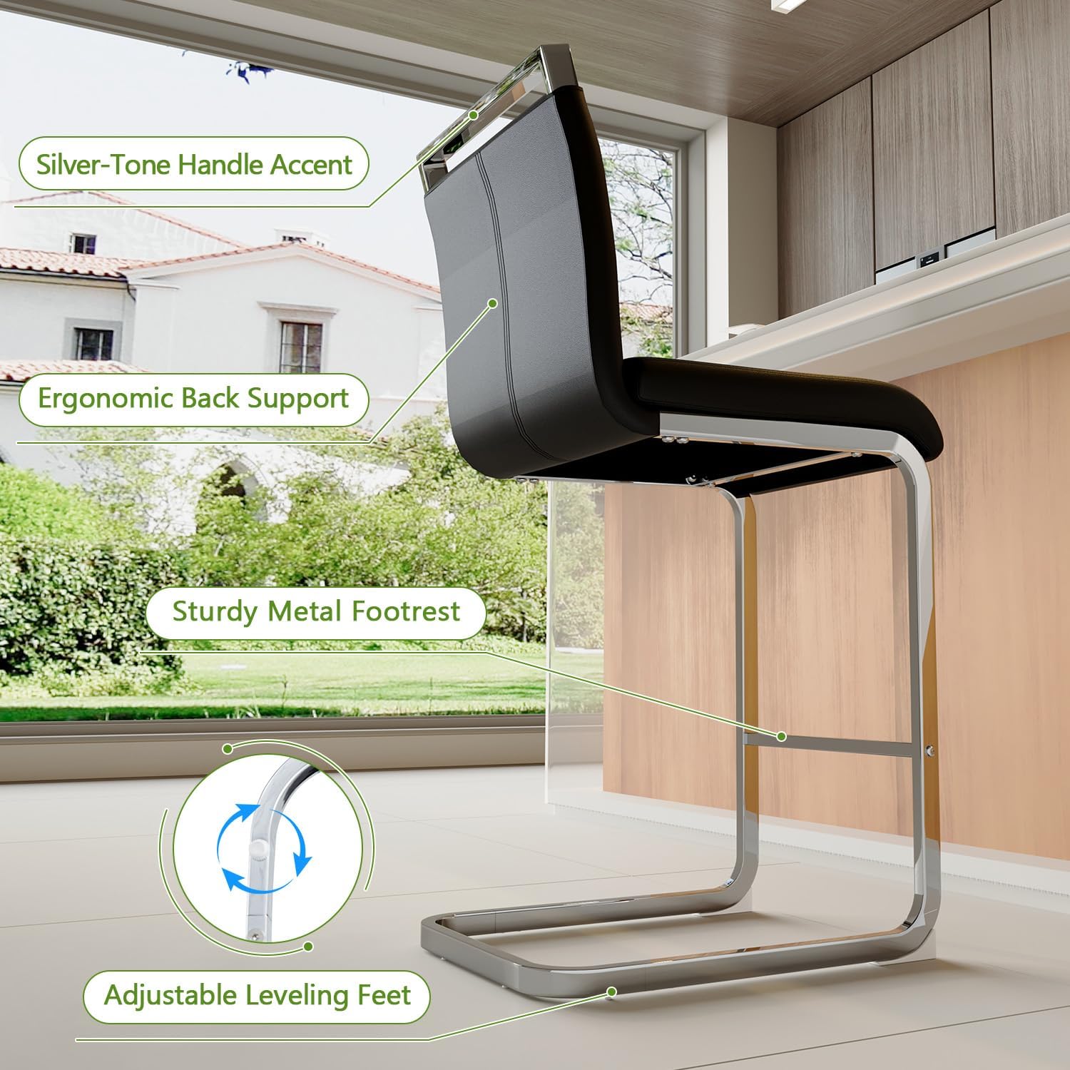 Counter Height Stools Set of 2,Black Bar Stool with Backrest Handlebar,25'' Stools for Kitchen Island,Metal Bar Stool with Leather Upholstered Seat,Modern Barstools Ideal for Pub