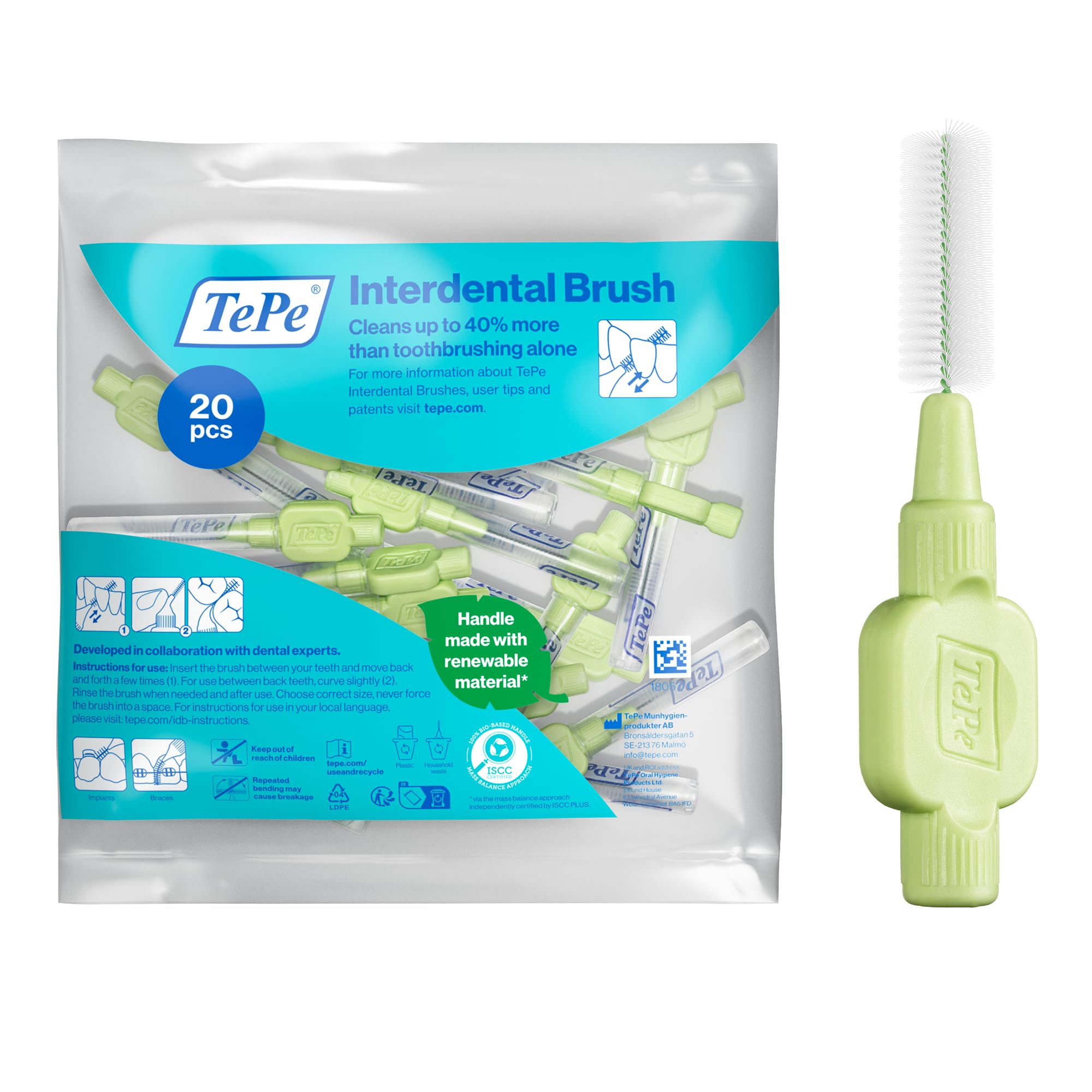 TePe Interdental Brush, Extra Soft, Green, 0.8mm/ISO 5, 20pcs, Plaque Removal, efficient Clean Between the Teeth, Tooth Floss, for Small Gaps