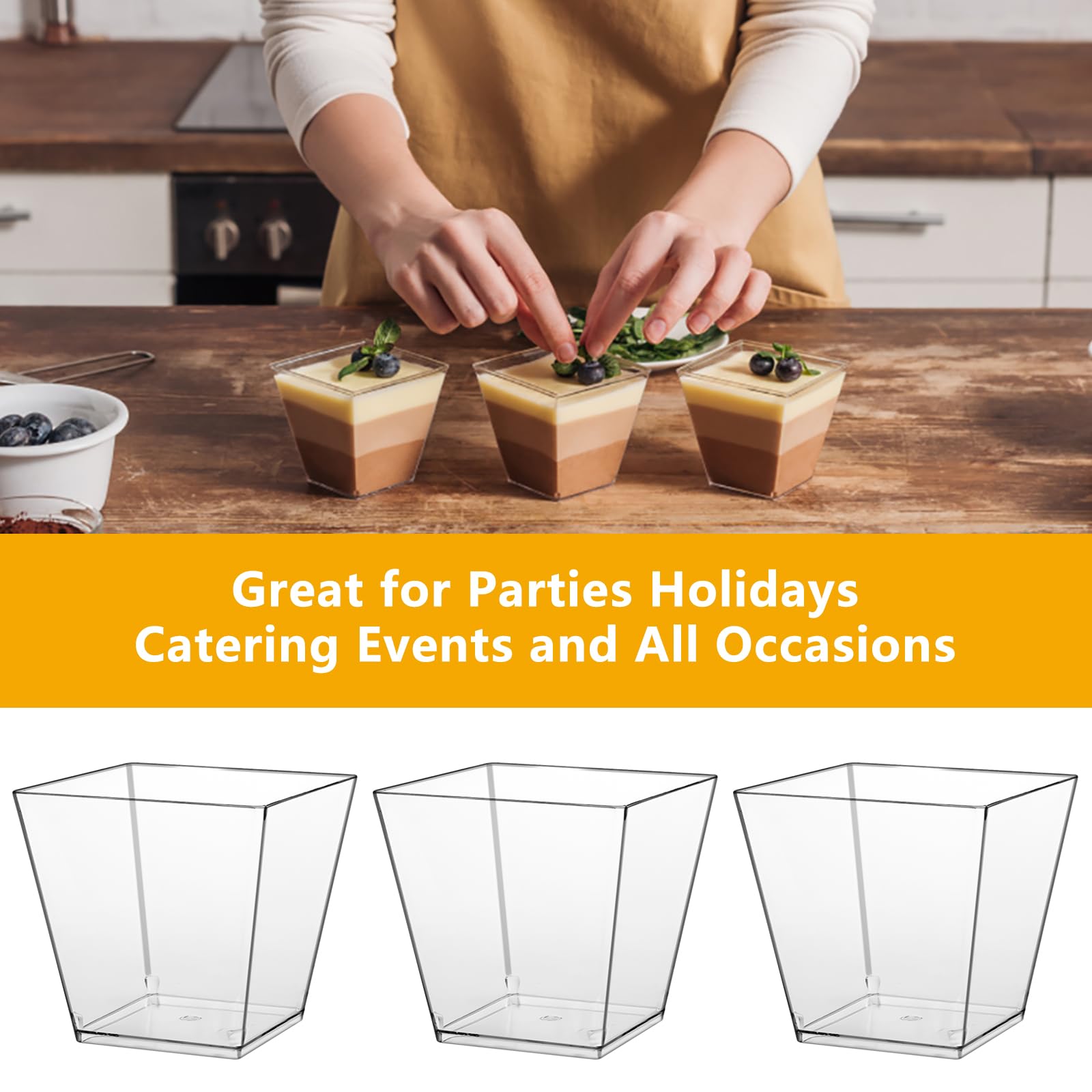 50 Tazze Da Dessert Quadrate Con Coperchi E Cucchiai - 160 Ml, Trasparenti, Riutilizzabili, Per Gelati, Mousse, Feste - Foto 8