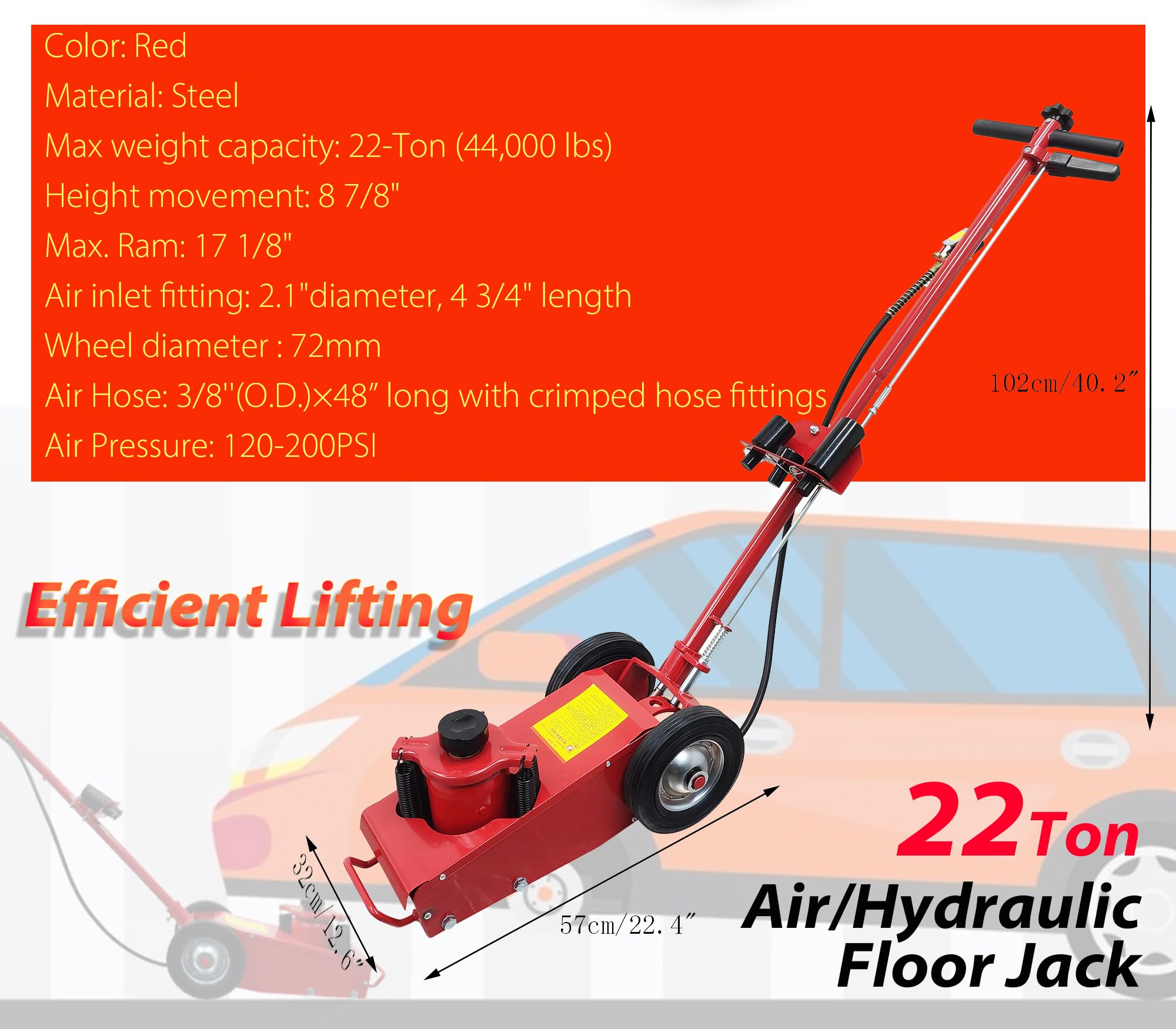 IntXanth 22 Ton Hydraulic Pneumatic Floor Jack, Heavy Duty Air-Operated Bottle Jack with 2 Wheels, Y-Style Seal & Quick-Lift System for Trucks, Machinery, Industrial Use, Red