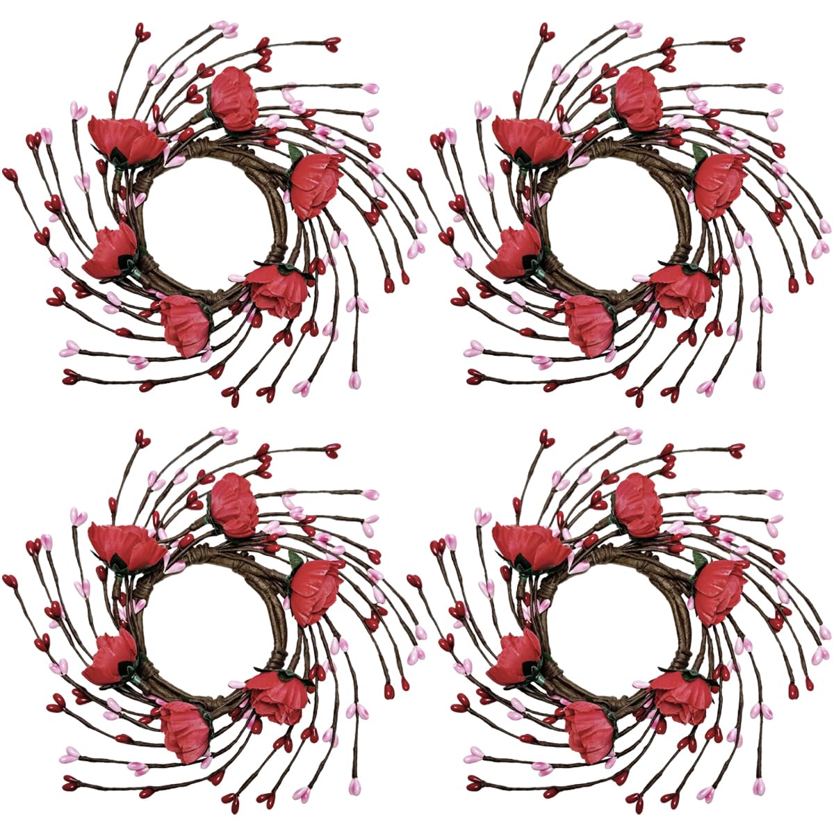 Yigney 4 Pcs Valentine’s Day Rose Candle Rings Artificial Flowers Wreaths with Berry Floral Valentine’s Day Decorations for Home Party Table Centerpiece