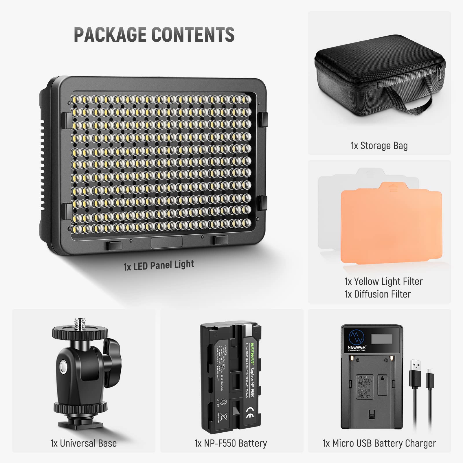 NEEWER 176 LED Videoleuchte Set: Dimmbare Videolicht Panel, Streaming Licht mit 2200mAh Li-Ion Akku, Key Light mit USB Ladegerät und Tragetasche für Produkt und Portrait Beleuchtung Kamera Fotografie