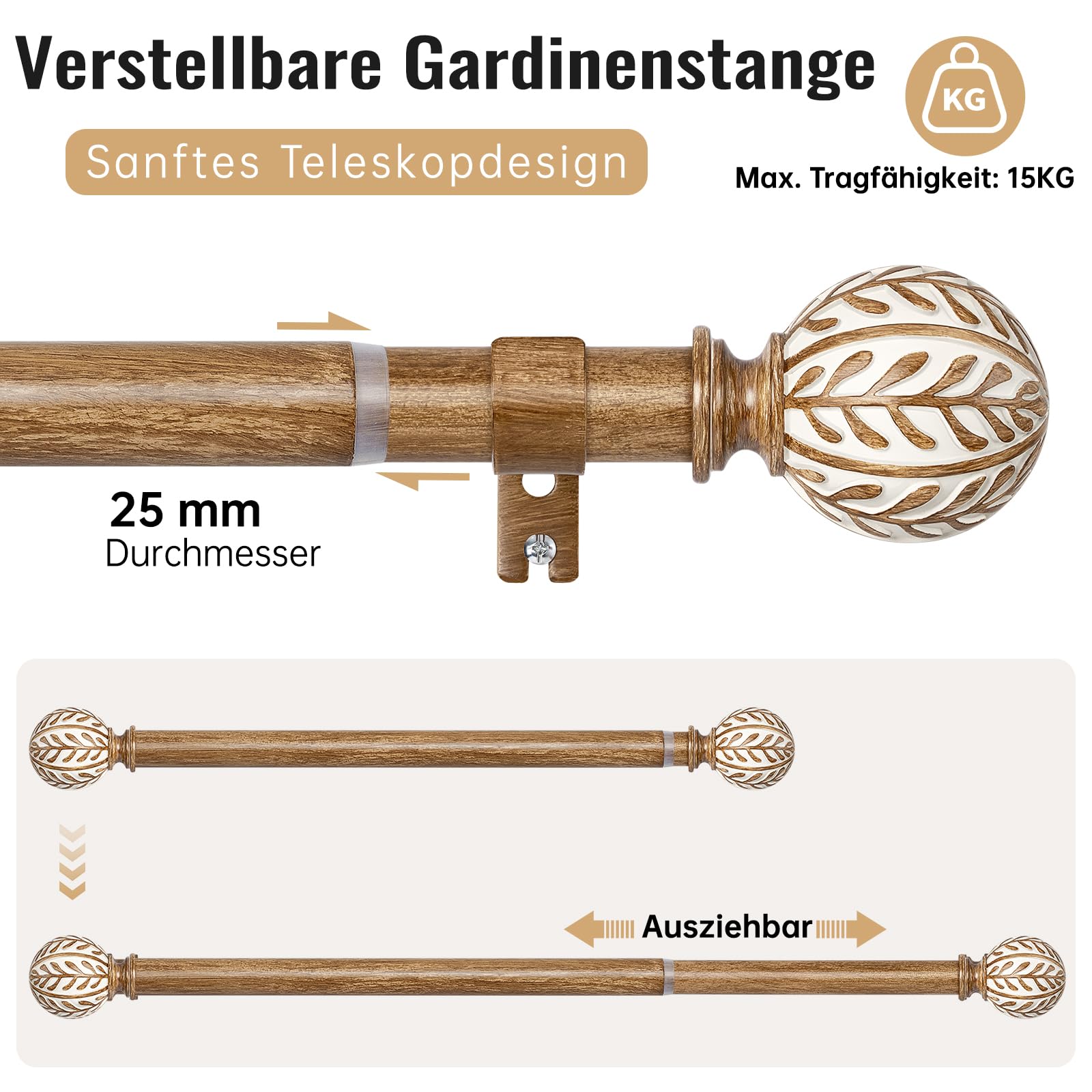 Barra de Cortina Extensible 76-219 cm | Tubo de Metal Ø 25 mm con Acabado en Madera y Motivo de Hoja | Montaje en Pared o Techo | Para Salón y Dormitorio, Marrón Café