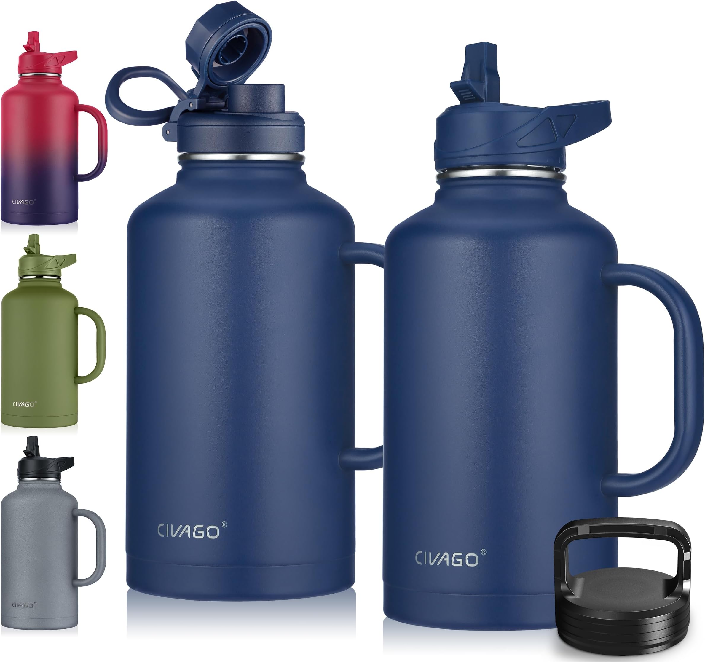 CIVAGO 64 oz Insulated Water Bottle Jug with Straw and Handle, Half Gallon Stainless Steel Water Flask, Large Sports Metal Water Bottle with Straw Lid (3 Lids), Big Thermal Mug Cup, Navy Blue