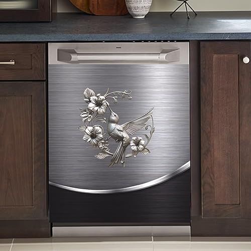 Grey Metal Silver Pattern Magnetic Dishwasher Cover Sheet Bird Flower Sticker Polishing Steelbird Dishwasher Skin Decor Silver Texture 23X26 INCH Magnet Rerigerator Kitchen Panel Decal
