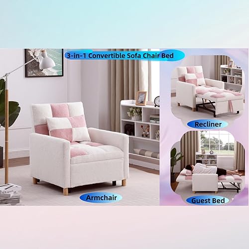 Miniatura 4 de Linique Sofá cama convertible, silla ajustable con almohada, silla multifuncional con tela de peluche suave para sala de estar, dormitorio, Negro +