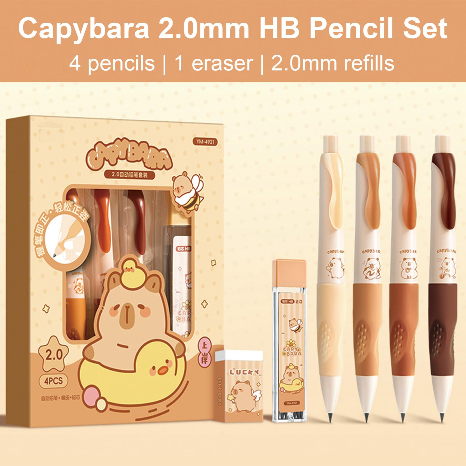 MOZXIRZ Joli porte-mine Capybara avec recharges et gommes, 2 mm, porte-mine kawaii de dessin animé pour étudiants, femmes, hommes, fournitures scolaires (Capybara)