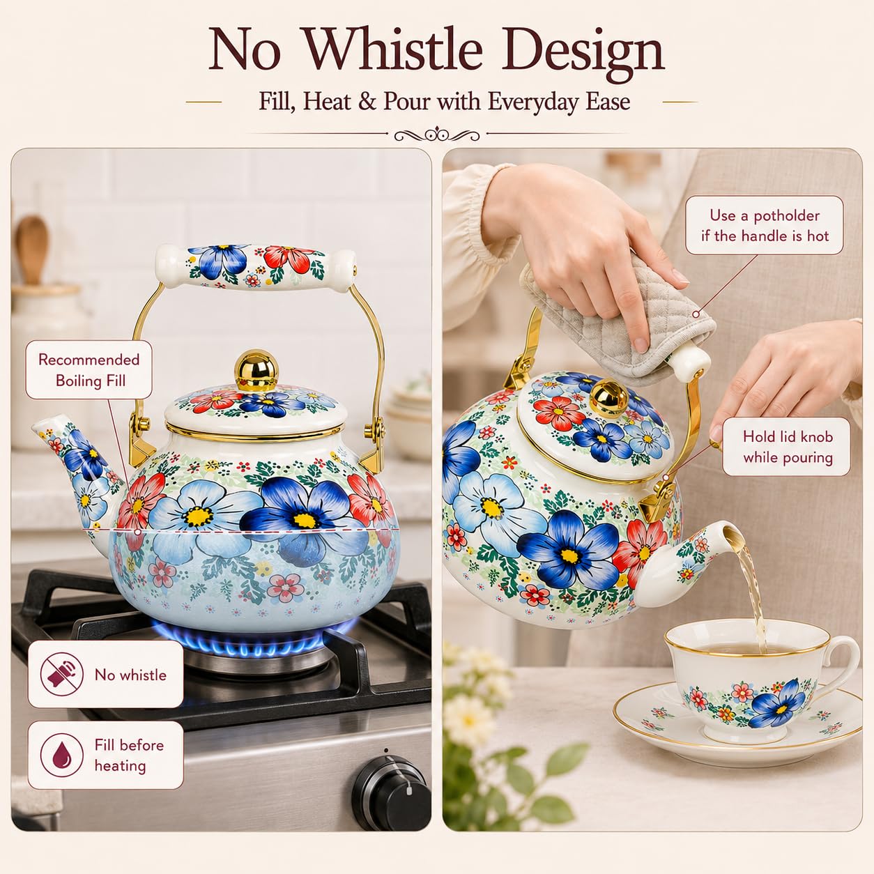 Floral Enamel Tea Kettle - Classic Design -6