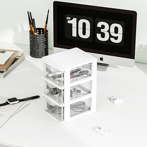 Miniatura 2 de Gonice Organizador de escritorio pequeño de 3 cajones, paquete de 2 unidades de plástico blanco, organización de escritorio para herramientas
