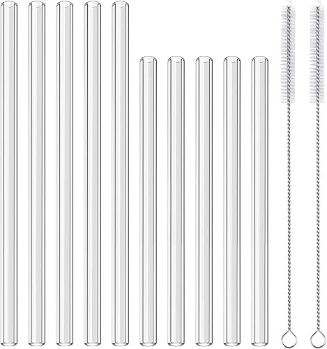 Elyum Paquete de 10 popotes de vidrio reutilizables, rectos transparentes con 2 cepillos de limpieza, pajitas de vidrio portátiles para batidos, té,