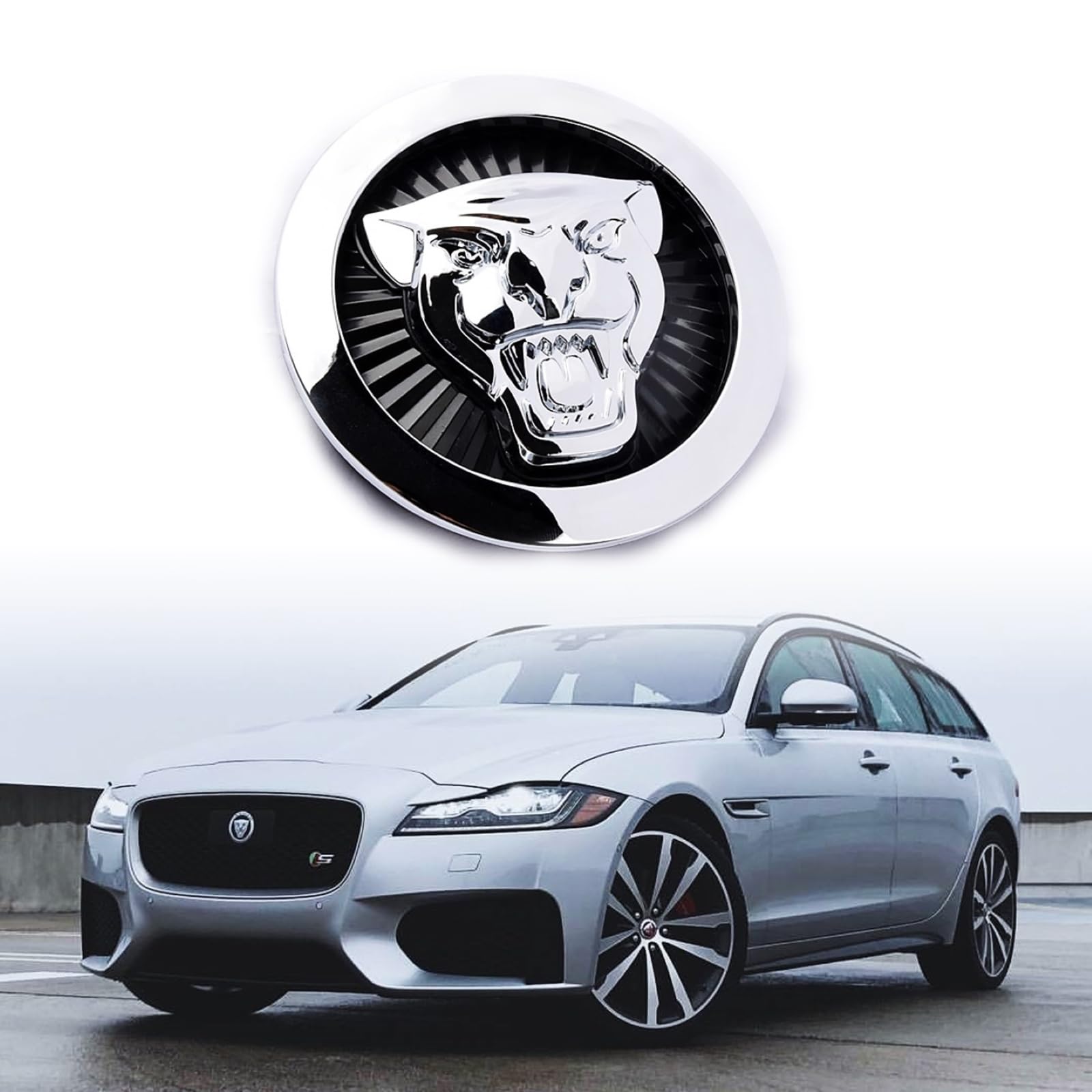 AULPEE Emblem Compatible with XE XF XJ F-Type F-PACE Front Center Grille Emblem 3.38inch Car Badge Emblem Leopard Jagvar Accessories(Front Black-Chrome)
