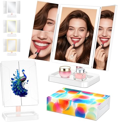 Espejo de maquillaje recargable con luces, 14.4 pulgadas de largo x 9.1 pulgadas de ancho, espejo de tocador iluminado para mesa, aumento 3X/2X/1X